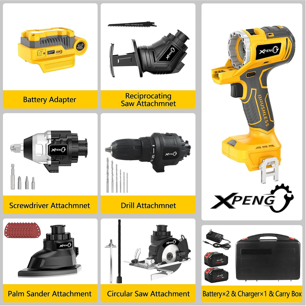 XPENG Cordless Power Tool Combo Kits 18V 6-Tool Drill Set,Circular Saw, Palm Sander, Impact Driver, Reciprocating Saw, Battery Compatible with Makita 20V Battery 2×4.0Ah Batteries and Fast Charger
