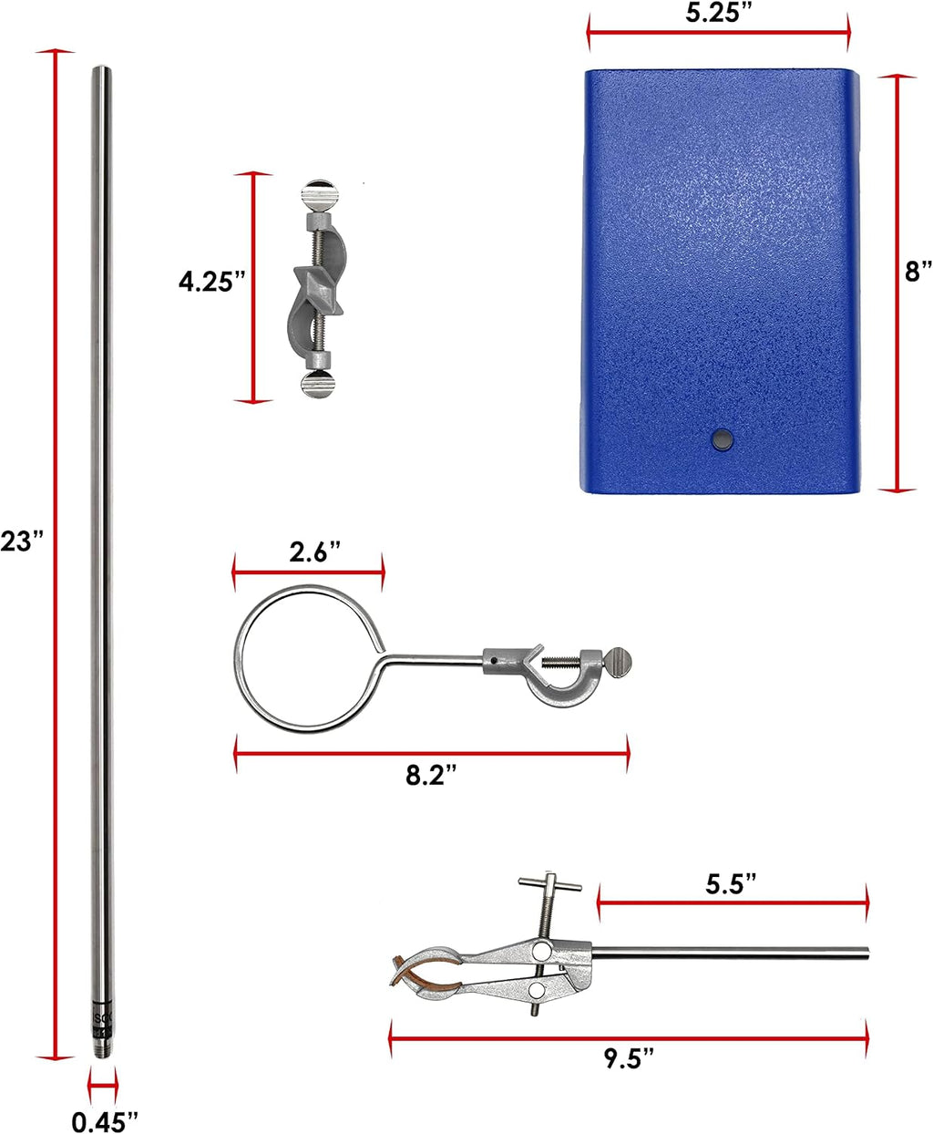 EISCO 10PK Chemical Resistant Steel Lab Stand Set - Support Stand (8' x 5'), 12mm Dia. Rod (23.6' L), Cork Lined Burette Clamp with Boss Head and Retort Ring (2.5' Dia)