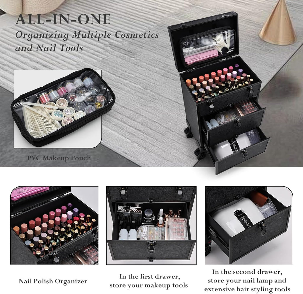 Faquenc Rolling Makeup Train Case With 2 Extra Large Drawers, Nail Organizer, Foldable Table With Electric Dust Collector, Manicure Desk for Mobile Stylists, Artist Salon Cart Trunk - Black