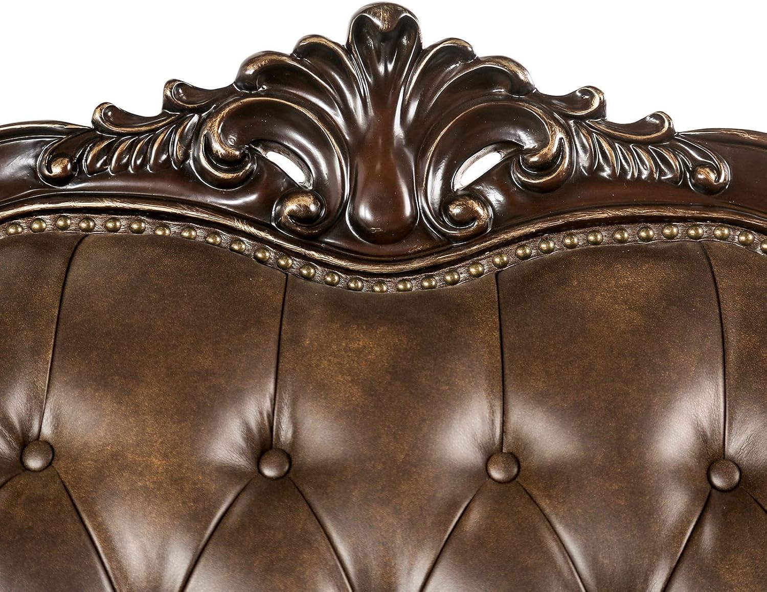 Furniture of America Grant Faux Leather 52-inch 1-Seater Chair with Button Tufted Back and Nailhead Trim, Accent Pillows Included & Carved Details for Living Room, Home Office, Brown
