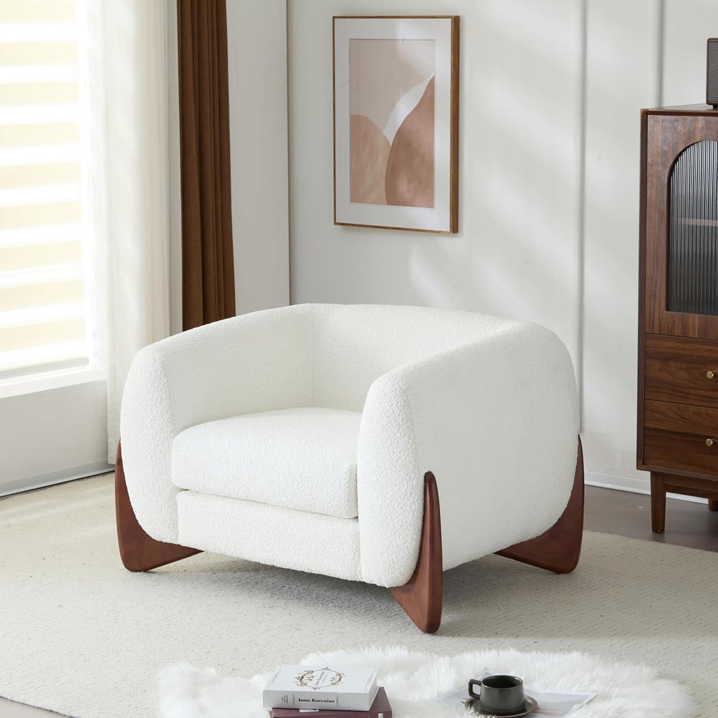 Christopher Knight Home Modern Boucle Fabric Upholstered Club Chair for Living Room, Home Office, Apartment, Relaxing Chair with Removable Cushion and Birch Wood Legs, White and Walnut