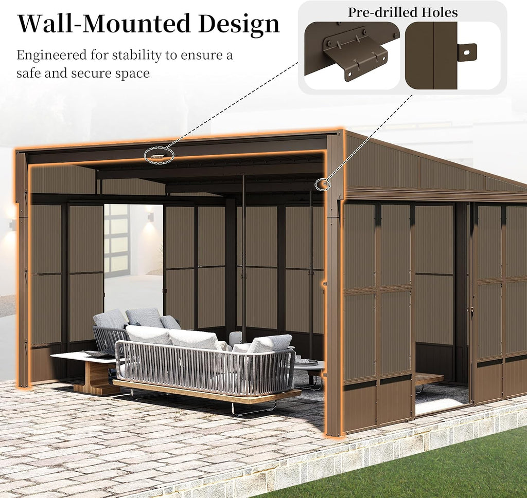 Domi 12x14FT Sunroom, Wall Mounted Sunroom Kit with Galvanized Steel Sloping Roof, Outdoor Sunroom Gazebo with Detachable PC Screen, 3 Sliding Double Doors, Lean to Sun Room for Patio, Deck
