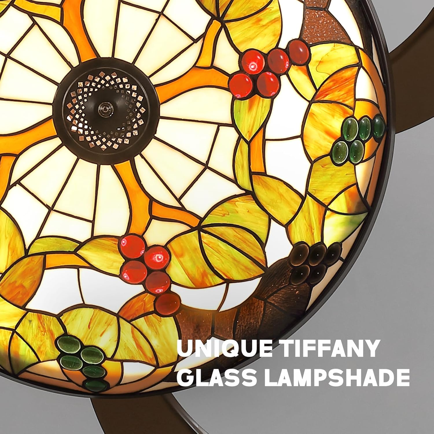 52 inch Tiffany Ceiling Fan with Light Stained Glass Fandelier with Retractable Blades 52' Vintage Ceiling Fan Light Dimmable LED Fandelier for Bedroom and Living Room