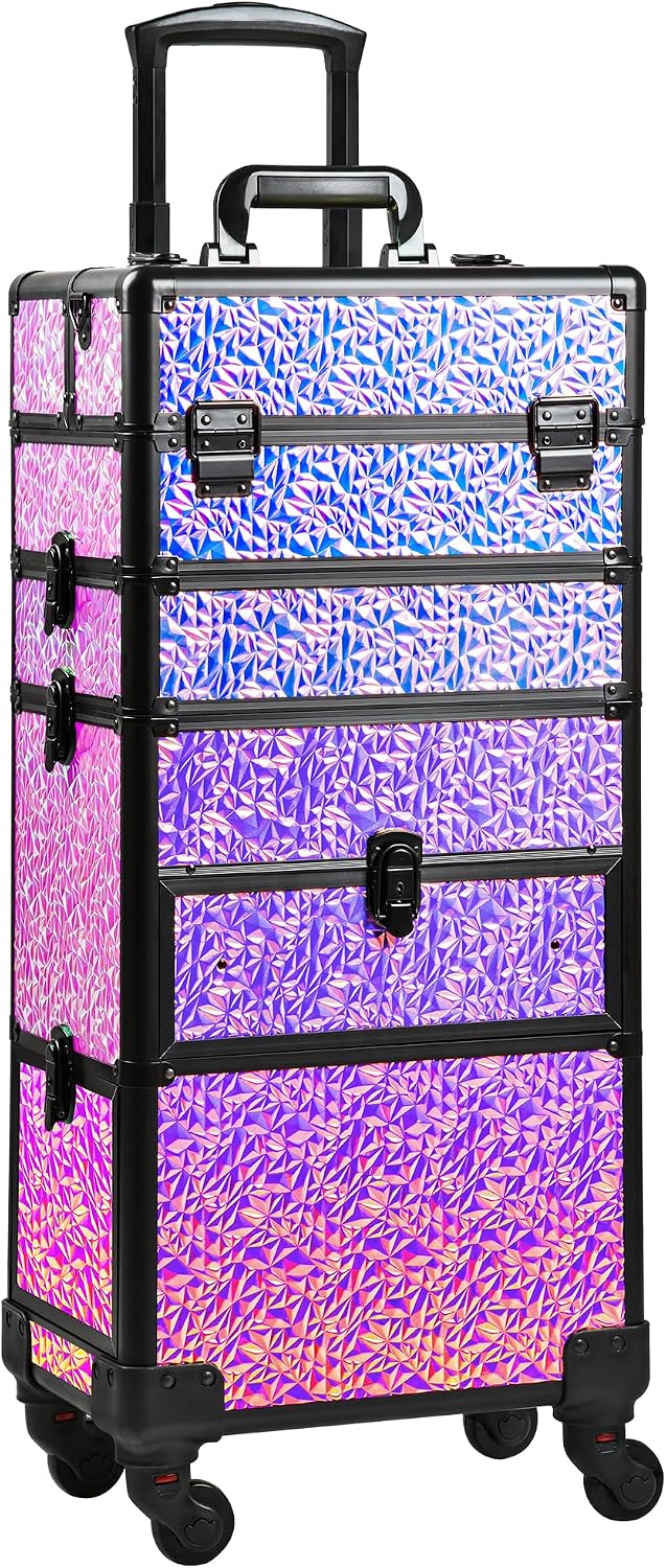 Makeup Train Case with Drawer, Rolling Makeup Case, Cosmetology Case on Wheels, Gift, Large Makeup Case Organizers, Professional for Salon Barber, Nail, Tattoo, Black Colourful