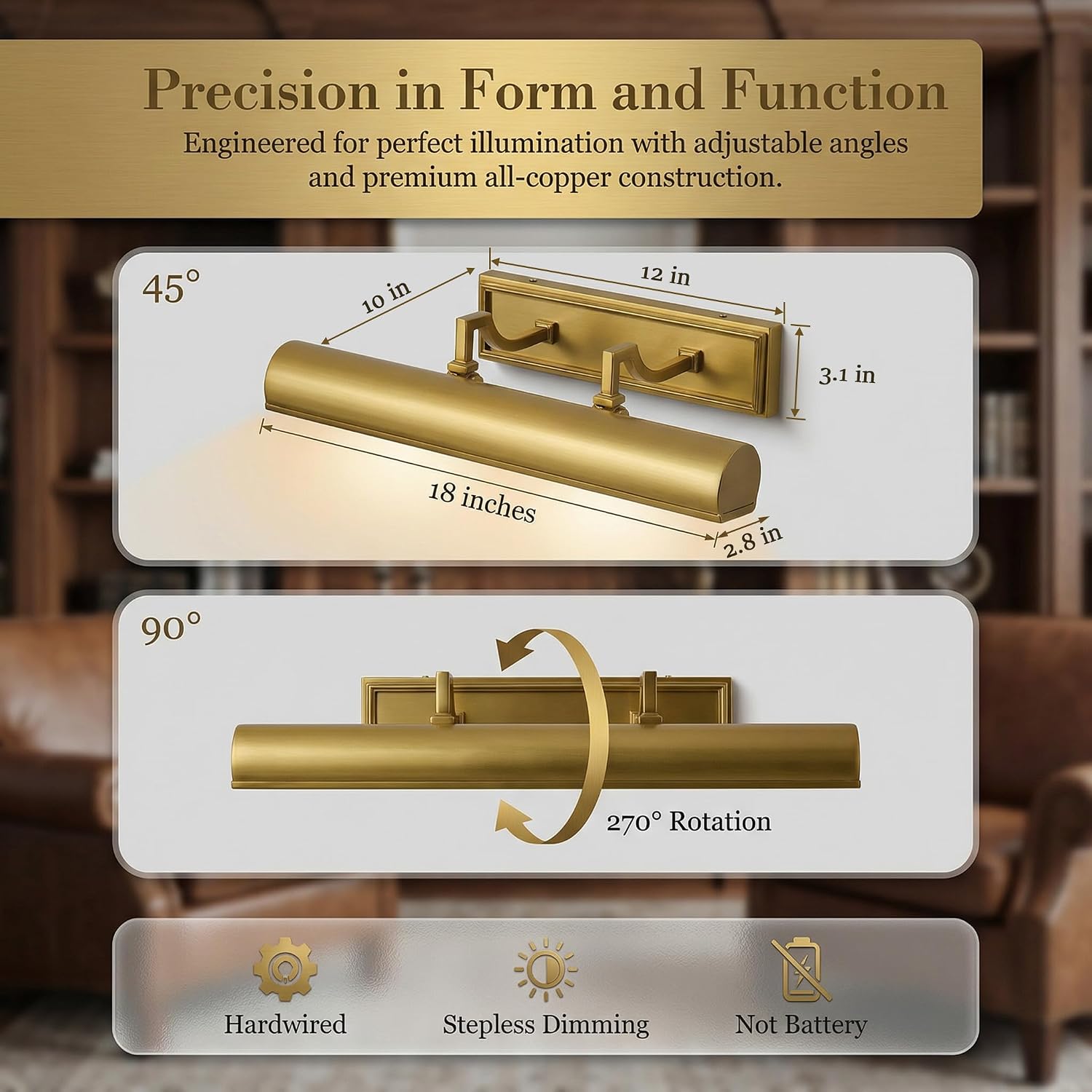 AUDOSY18 Brass Picture Light, 270° Rotatable Gold Wall Sconce Hardwired, 3-Light Vanity Wall Light Over Mirror, Dimmable Picture Art Light for Living Room, Bedroom & Bathroom- Upgrade