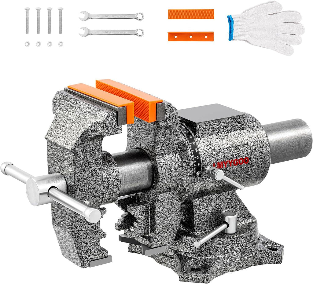 Bench Vise, 6inch Jaw Width 5inch Jaw Opening, 360° Swivel Base, Multipurpose Heavy Duty Workbench Vise with Anvil and 1 Pair Vise Jaw Pad, Table Vise Clamp force 5500LBS