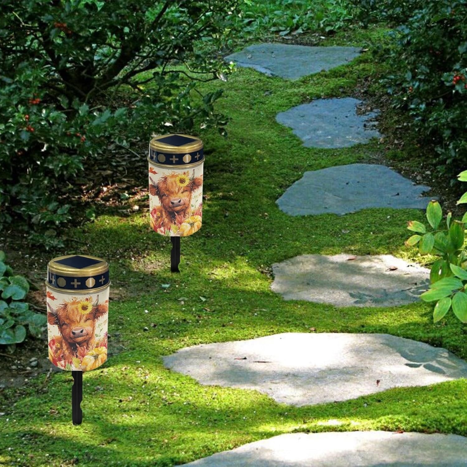 Sunflower Highland Cow Solar Lights Outdoor Waterproof Set of 10 Lights Garden Lantern for Yard Patio Walkway Thanksgiving Decor Solar Lights Wall Light Auto On/Off