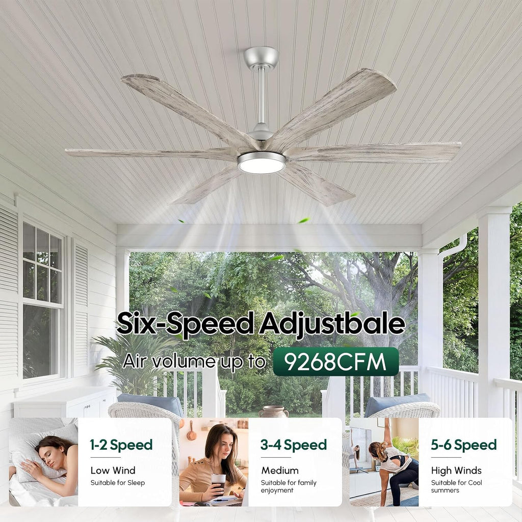 72 Inch Smart Ceiling Fan with Light, Remote/Alexa/APP Control, Rustic 6 Solid Wood Blades, ETL Listed Quiet DC Motor, 9268 CFM Large Airflow, for Indoor High Ceiling, Outdoor Covered Patio