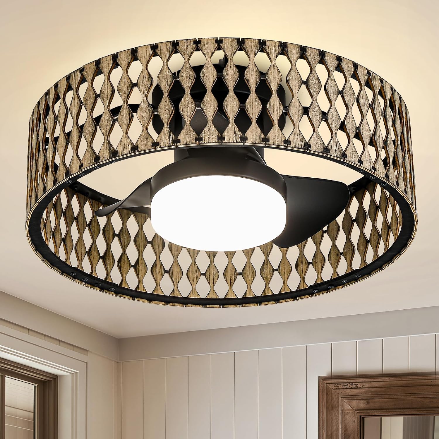 Boho Farmhouse Ceiling Fan with Lights,20' Low Profile Flush Mount Ceiling Fan with Remote,Rustic Wood Pattern Caged Ceiling Fan,Dimmable LED Light,Quiet 6-Speed DC Motor for Bedroom Kitchen