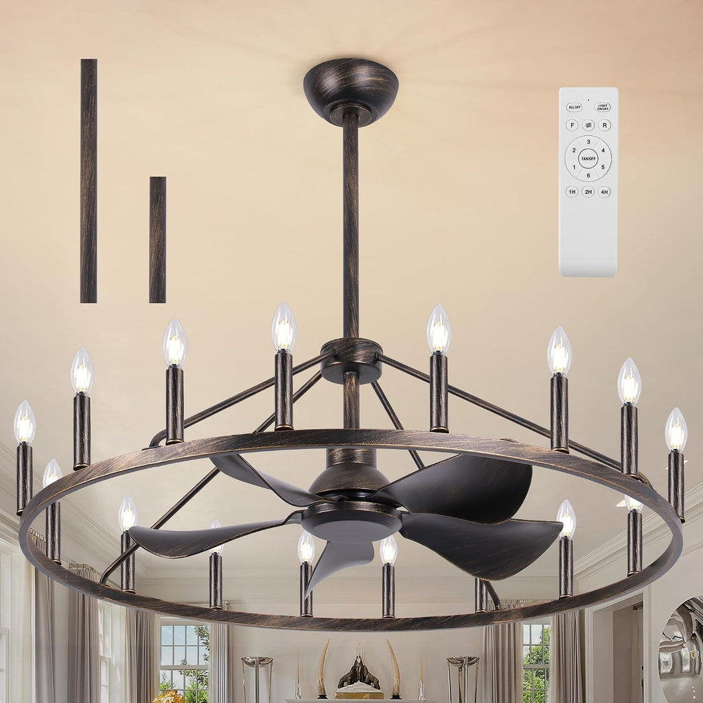 Farmhouse Chandelier Ceiling Fan with Light and Remote, 16-Lights Large Wagon Wheel Fandelier with Candle for Living Room,Rustic Antique Bronze Fan with Big Light Fixture for Loft