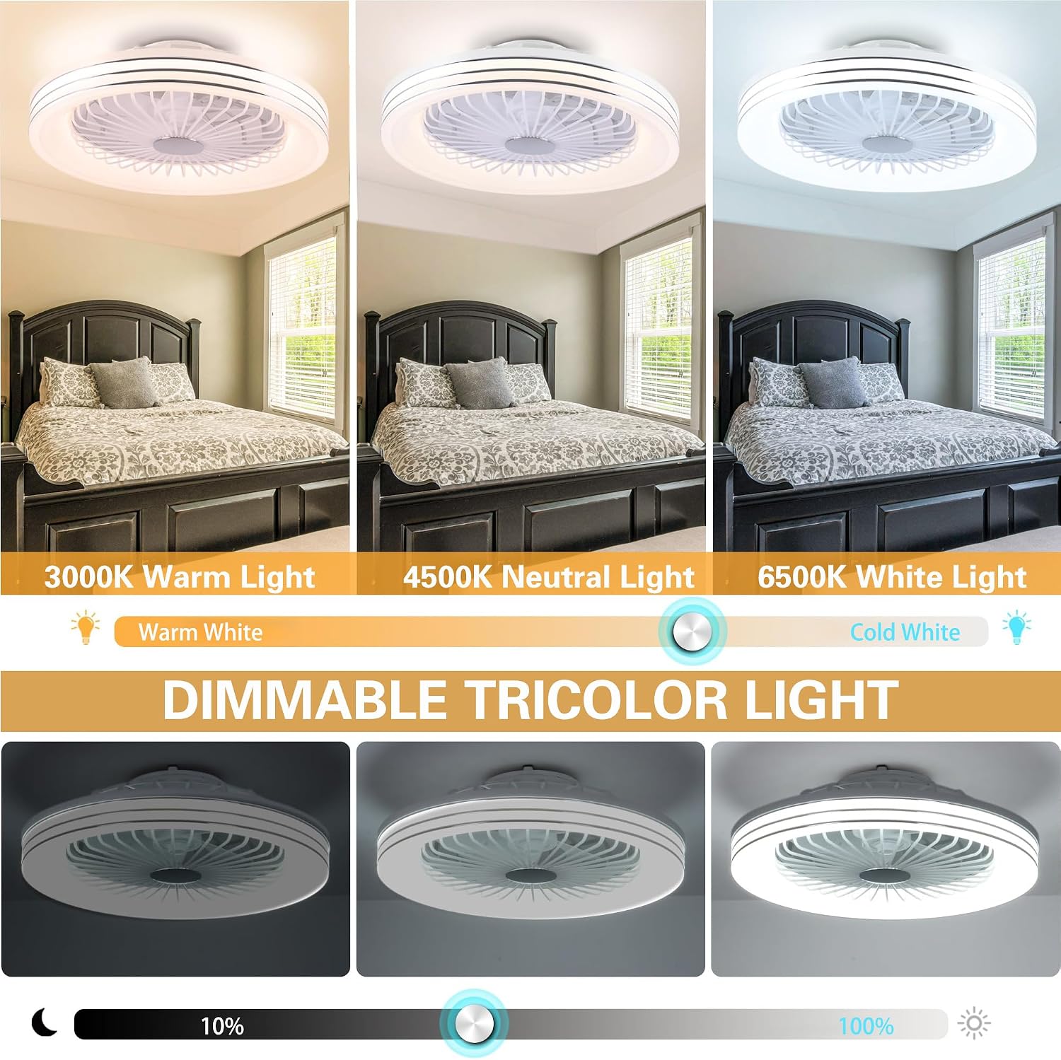 24' Low Profile Bladeless Ceiling Fan with Light, Enclosed Flush Mount Remote/APP Control, 3CCT Dimmable Light, Quiet 6 Speeds Timing Reversible