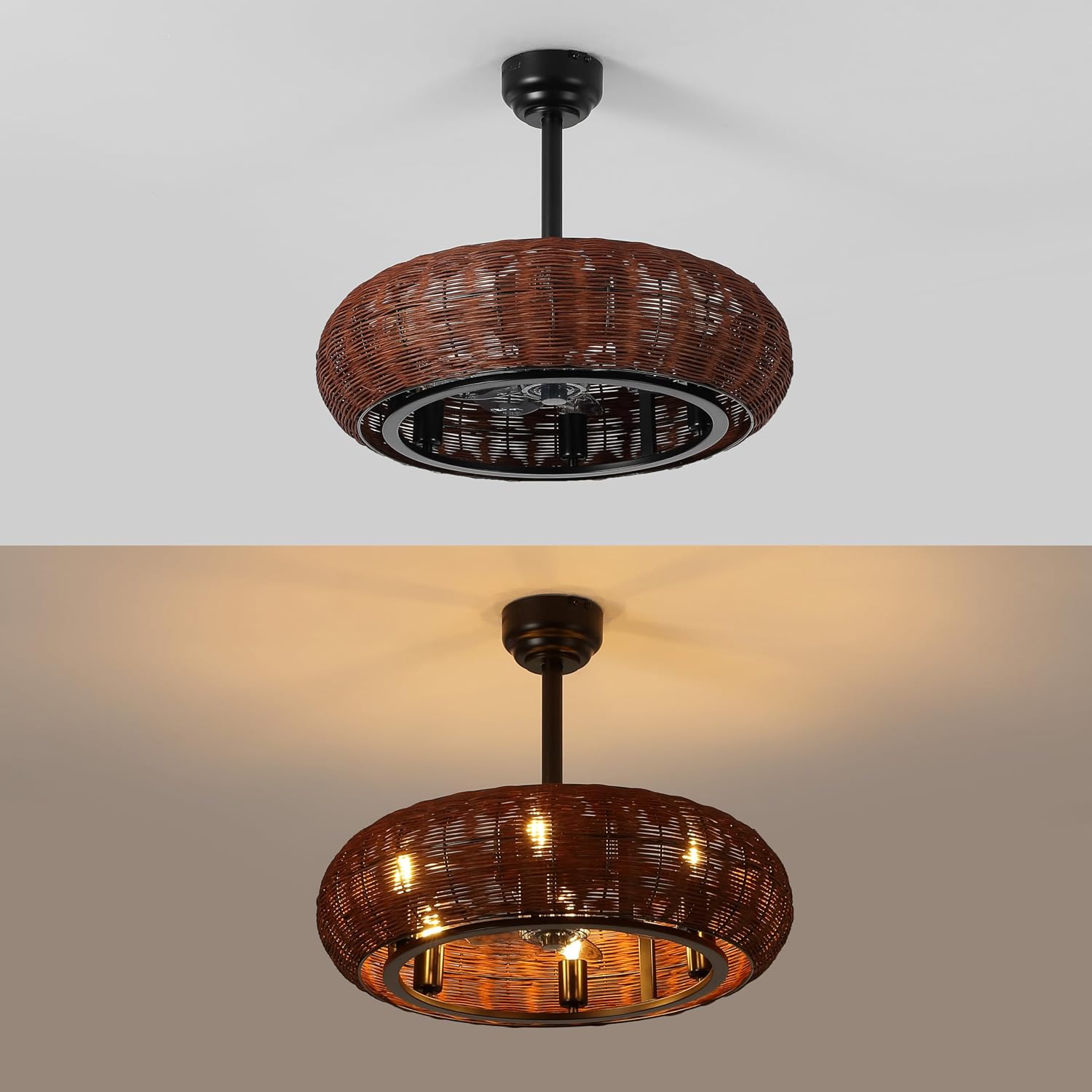 JONATHAN Y 23' Black 6-Light Modern Bohemian Ceiling Fan with Lights, 6-Speed Remote and App Control, Height Adjustable LED Lantern with Dark Brown Rattan Shade for Living Room JYL9728A