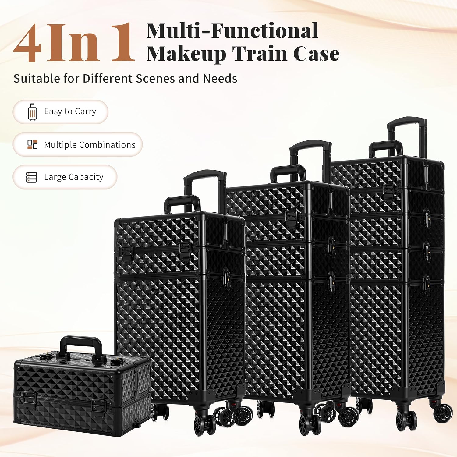 AROUS Rolling Makeup Train Case 4 in 1 Cosmetology Case on Wheels Large Storage Cosmetic Trolley with Key Salon Barber Case Traveling Cart Trunk, Black