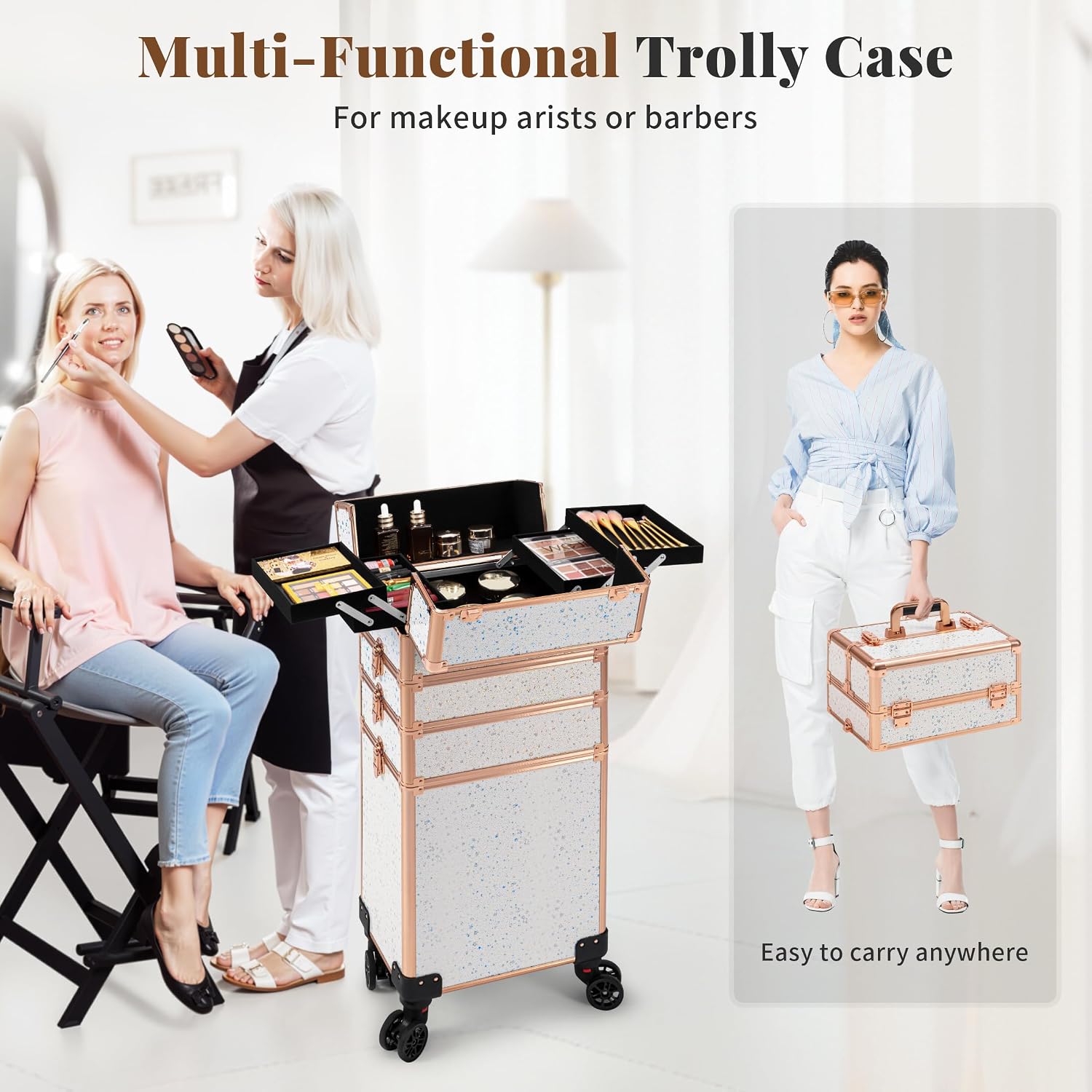 AROUS Rolling Makeup Train Case 5 in 1 Cosmetology Case on Wheels Large Cosmetic Organizer Travel Cart for Hairstylist Artist Nail Beauty Salon Barber,White
