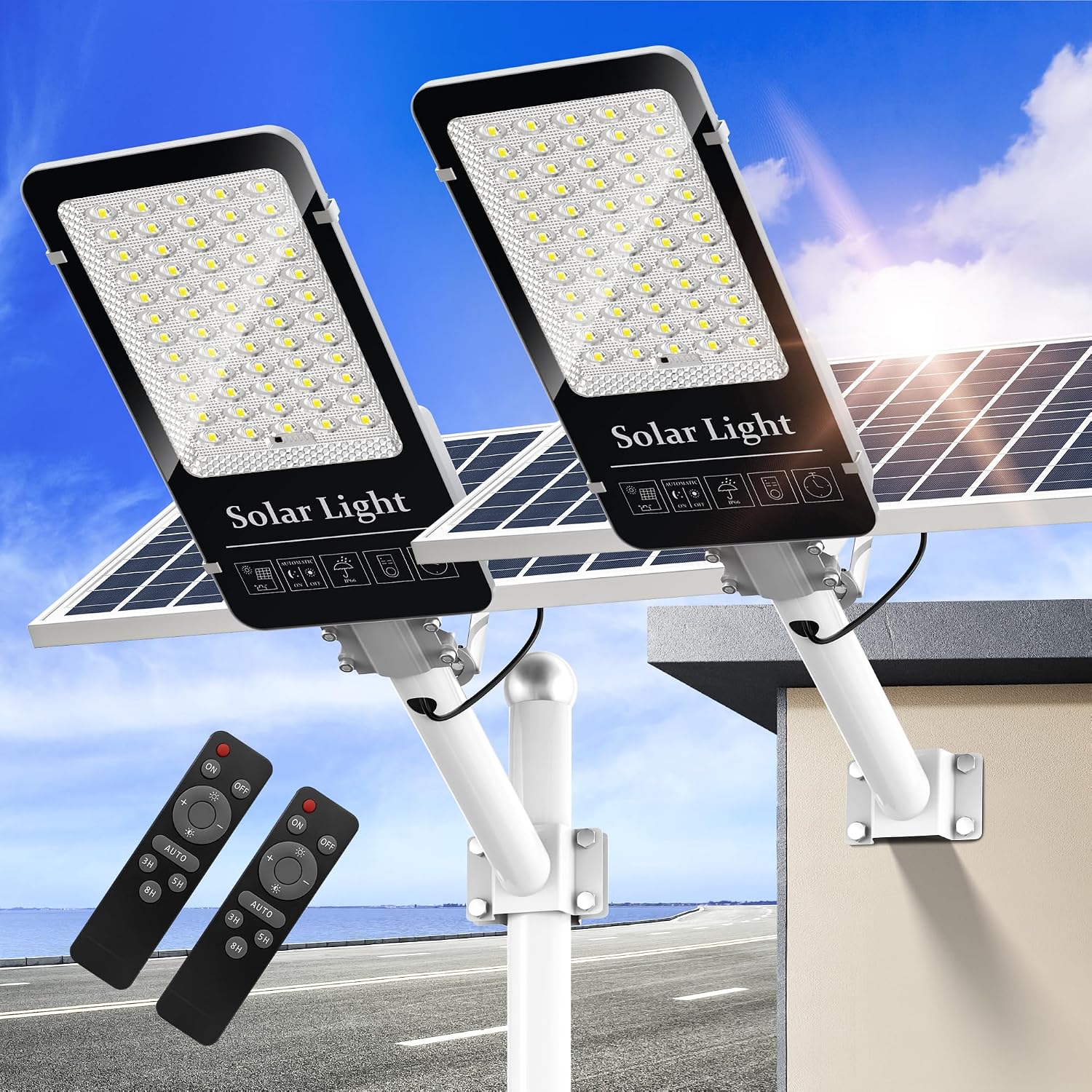 OKPRO 10000W Commercial Split Solar Street Light Outdoor, Solar Lights Outdoor Waterproof for Parking Lot, Dusk to Dawn Solar Flood Light with Remote Control for Yard, Driveway, Road(2Pack)