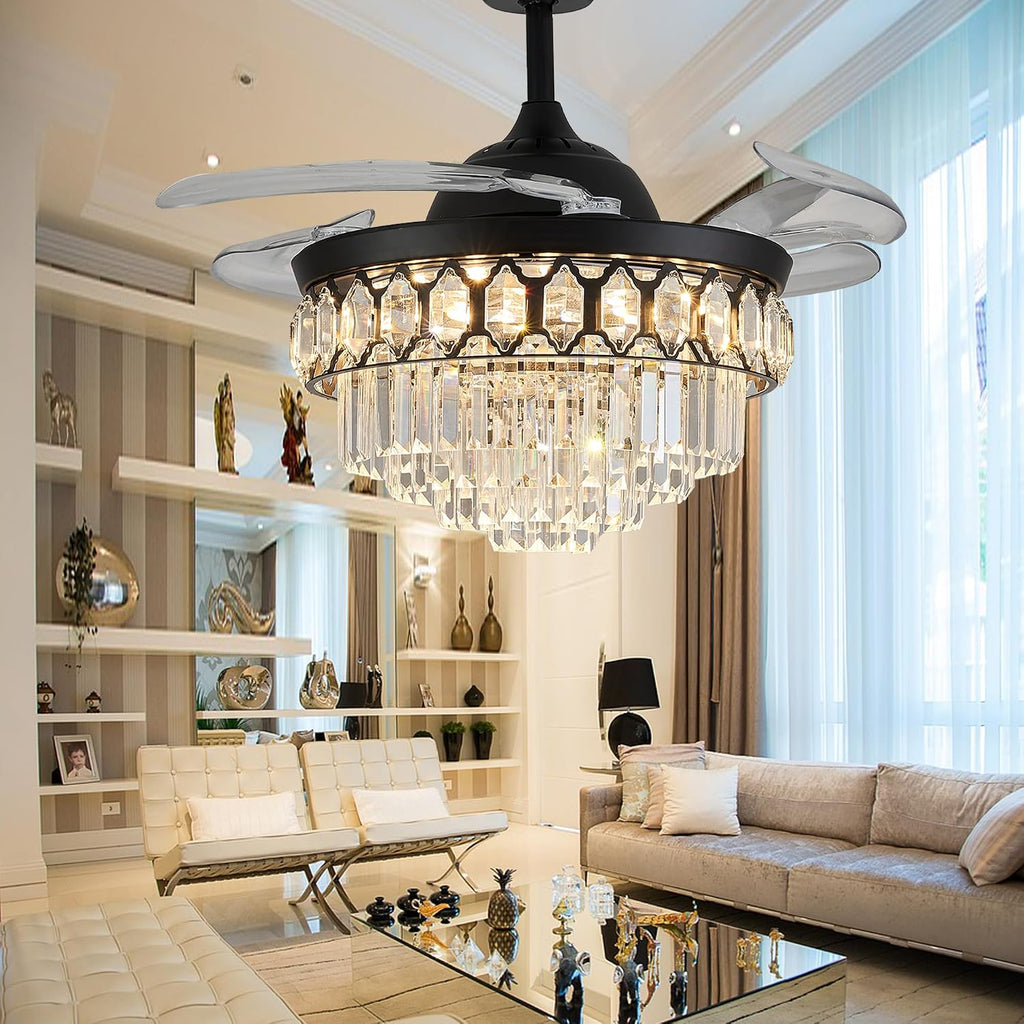 48' Dimmable Black Fandelier Ceiling Fans with Lights and Remote Modern Retractable Blade Crystal Chandelier Ceiling Fan with Light for Bedroom Dinning Room Living Room