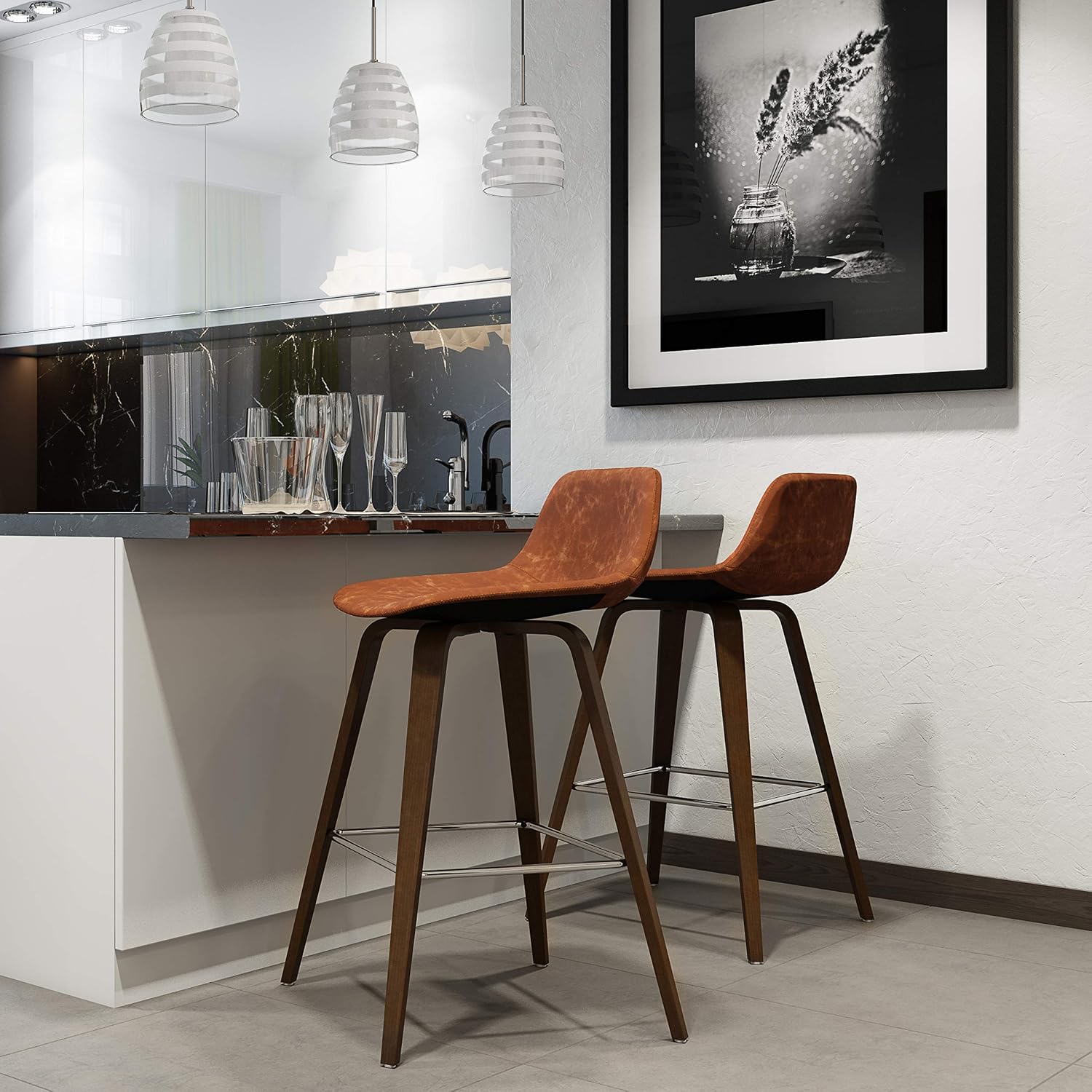 SIMPLIHOME Randolph Counter Stools (Set of 2) - 28 Inch Seat Height Upholstered Bentwood Kitchen Seats in Deep Tan Vegan Faux Leather, Mid Century Modern Seating with Curved Backrest and Footrest