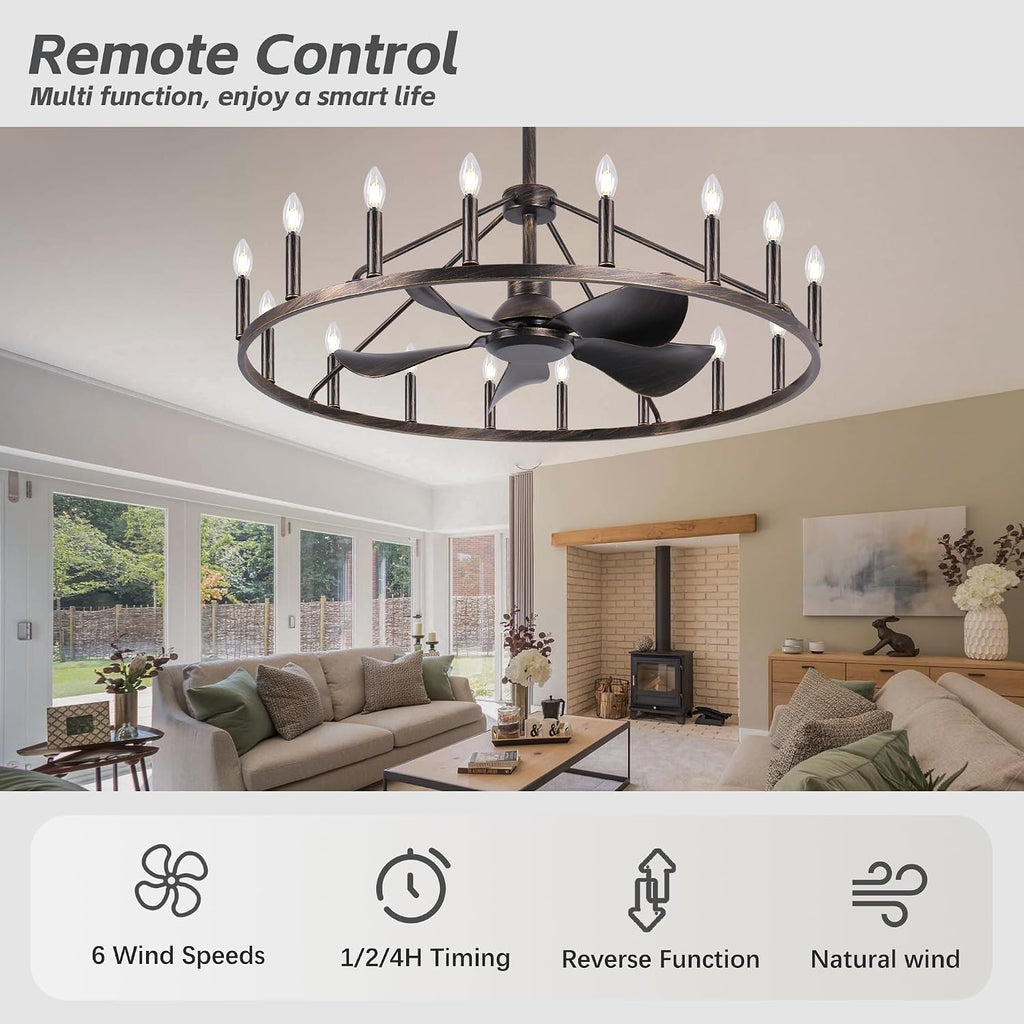 Farmhouse Chandelier Ceiling Fan with Light and Remote, 16-Lights Large Wagon Wheel Fandelier with Candle for Living Room,Rustic Antique Bronze Fan with Big Light Fixture for Loft