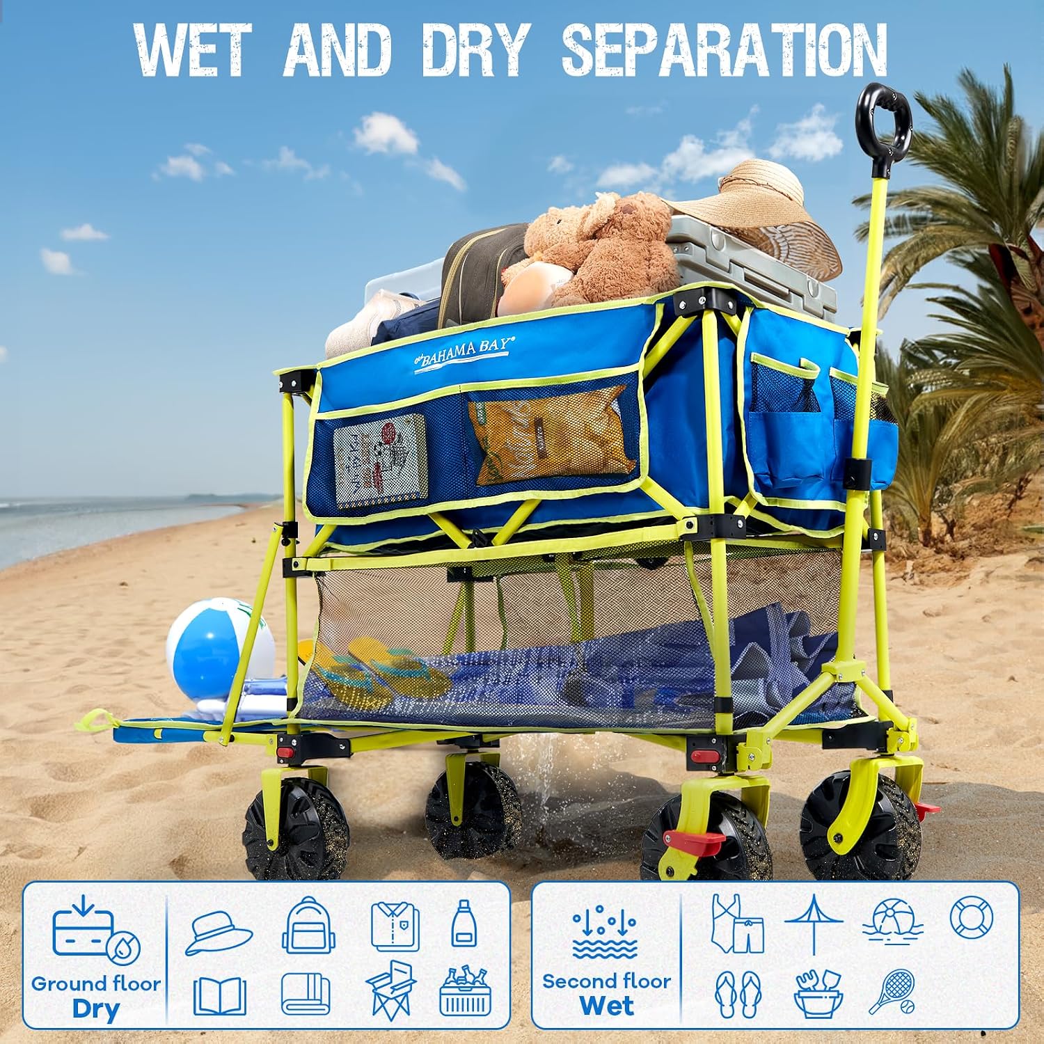 Old Bahama Bay 400L Collapsible Double Decker Beach Wagon with Brakes, Folding Beach Cart with 54' Extra Long Decker, 450LBS Heavy Duty Wagon Chart with All-Terrain Big Wheels for Sand Camping Garden