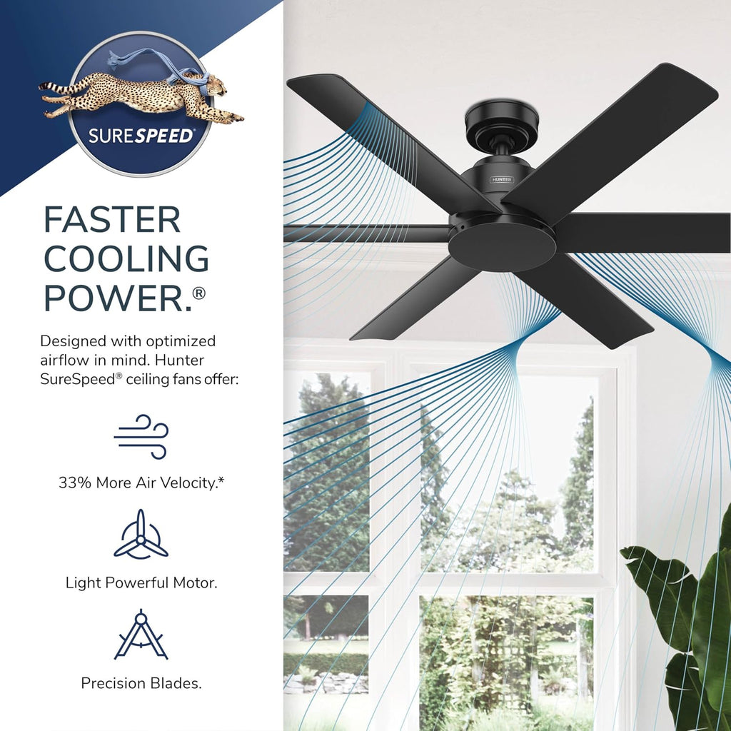 Hunter 52' Kennicott Indoor/Outdoor Ceiling Fan, Wall Control, Luxe Gold | SureSpeed high velocity airflow and no-light design suit covered patios, porches, bedrooms, or living rooms with easy setup.