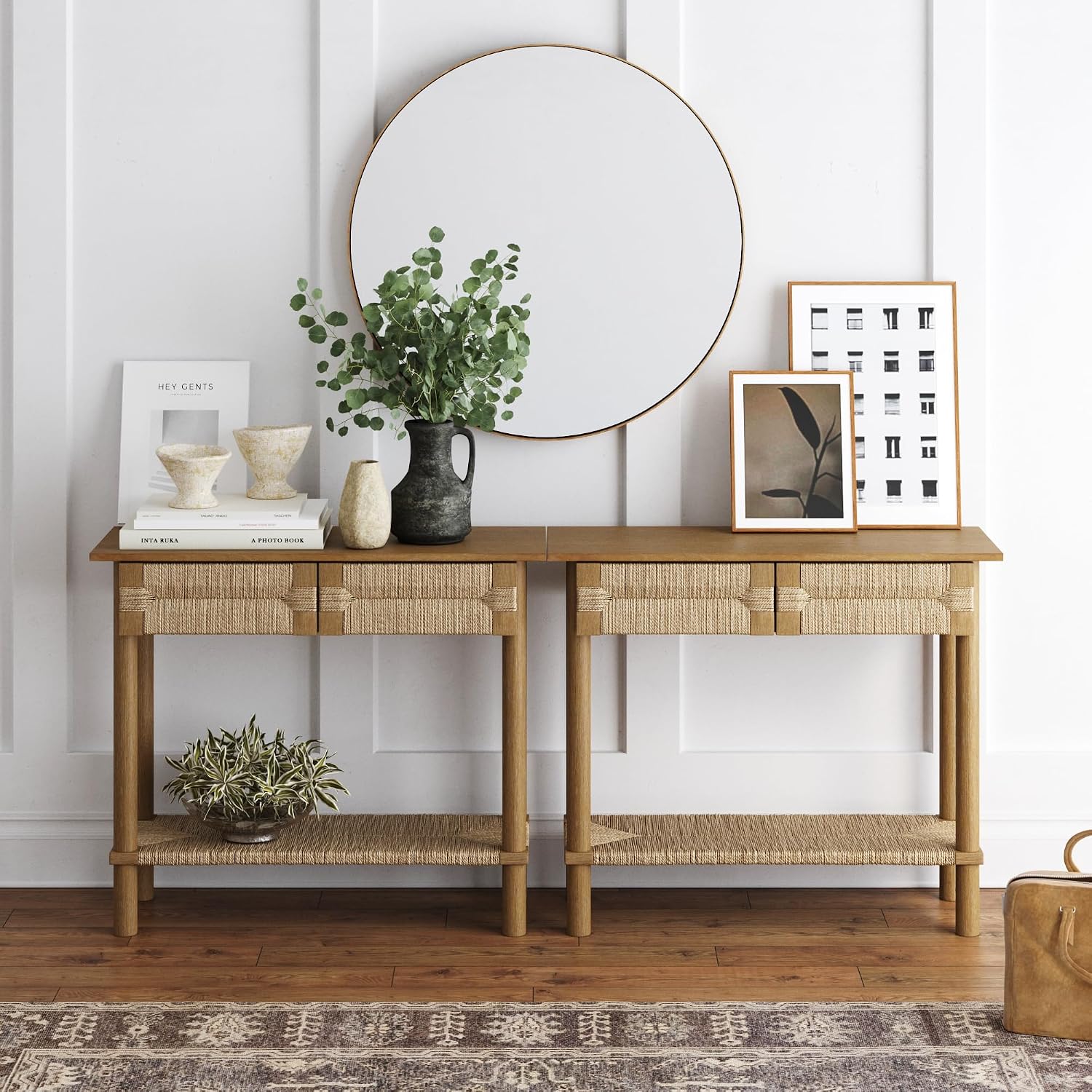 Nathan James Beacon Wooden Sofa Console Table with Drawers, Bohemian Entryway Accent, Hallway Furniture with Seagrass Shelf, Light Brown, Set of 2