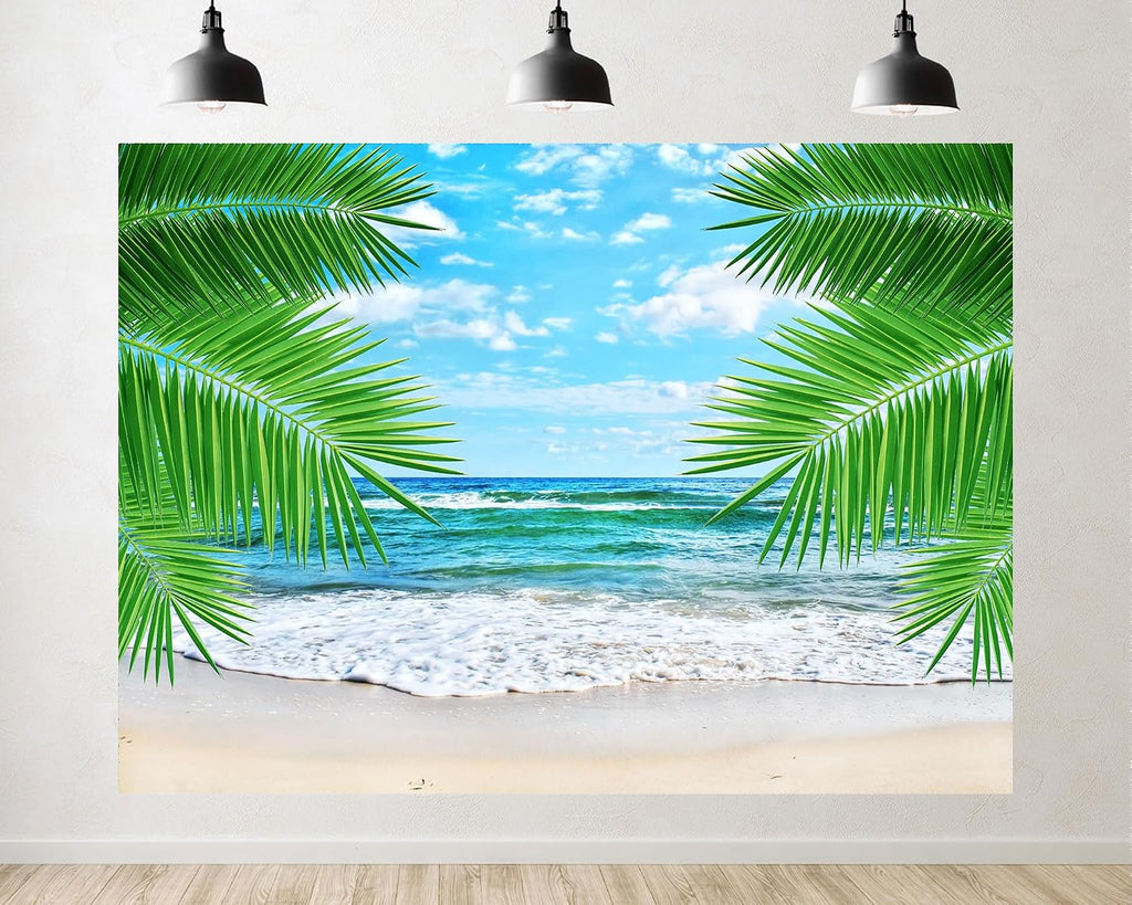 Trykid 20x10ft Tropical Palm Frond Beach Backdrop Turquoise Ocean White Sand Gentle Waves Clear Blue Sky Photography Background Vacation Tapestry Party Decoration Photo Studio Prop Fabric