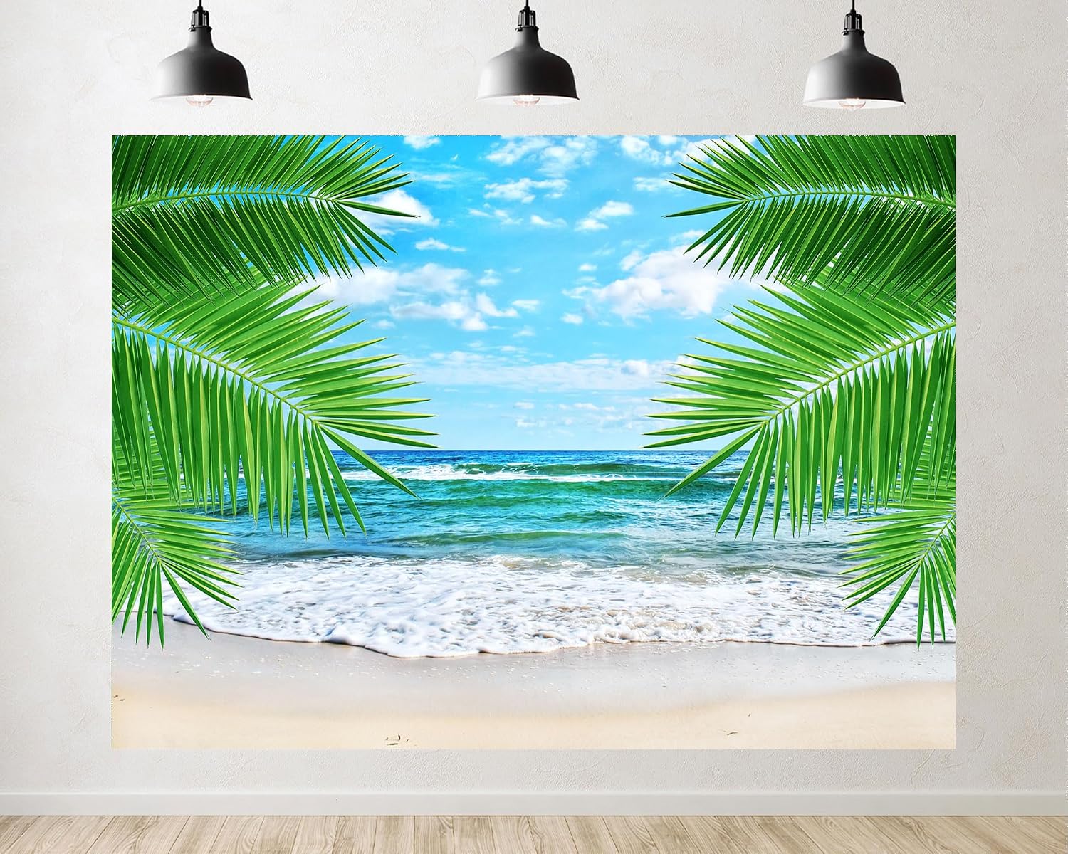 Trykid 20x10ft Tropical Palm Frond Beach Backdrop Turquoise Ocean White Sand Gentle Waves Clear Blue Sky Photography Background Vacation Tapestry Party Decoration Photo Studio Prop Fabric
