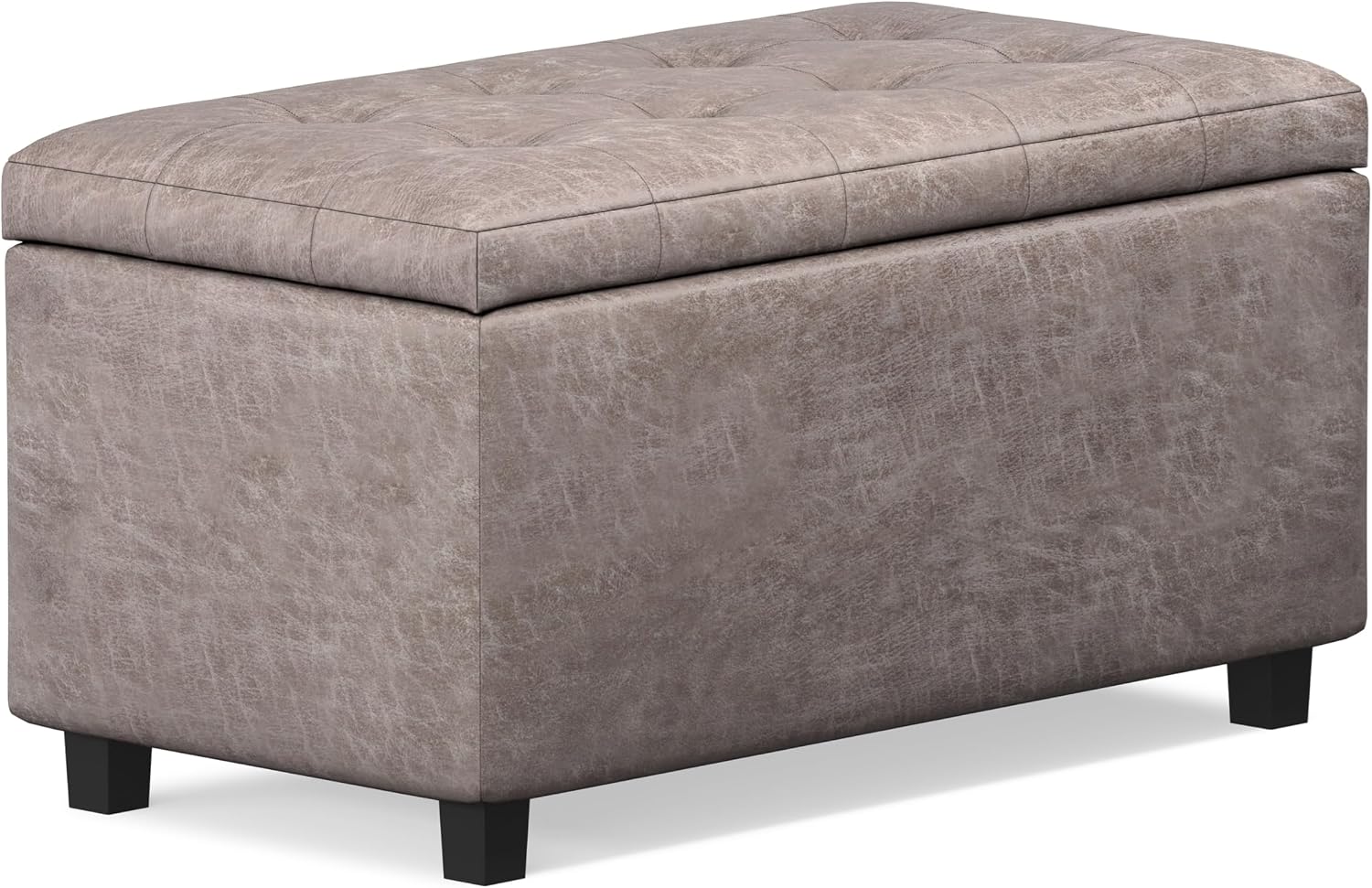 SIMPLIHOME Cosmopolitan Storage Ottoman - 34 inch Wide Upholstered Vegan Leather Rectangle Storage Ottoman Bench in Distressed Grey Taupe, Transitional Tufted Ottoman for Living Room with Lift-Up Lid