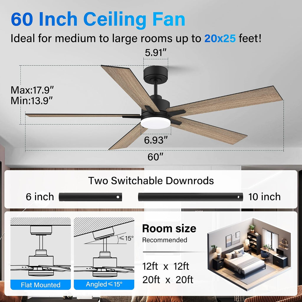 Lorpies 60' Smart Ceiling Fan with Lights Remote,Control via Alexa Google App Wifi,Silent DC Motor,Dimmable,Outdoor Indoor Modern Ceiling Fans for Large Bedroom Living Room Kitchen Patio,Black&Walnut