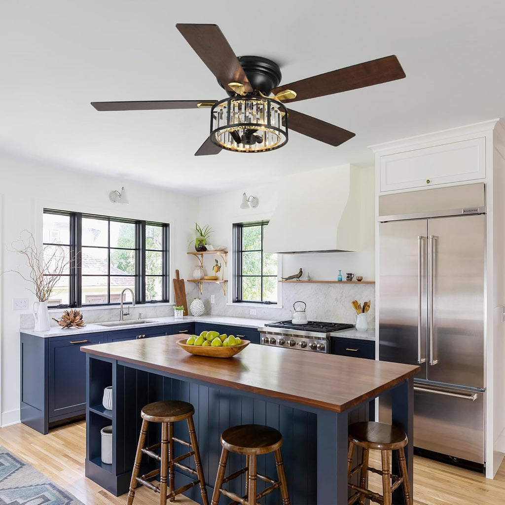 Dawn Whisper 52' Modern Crystal Flush Mount Ceiling Fans with Lights Black | Crystal Chandelier, Low Profile Low Ceilings, Remote Control, Reversible, Noiseless, 6 Speeds, for Living Room Bedroom