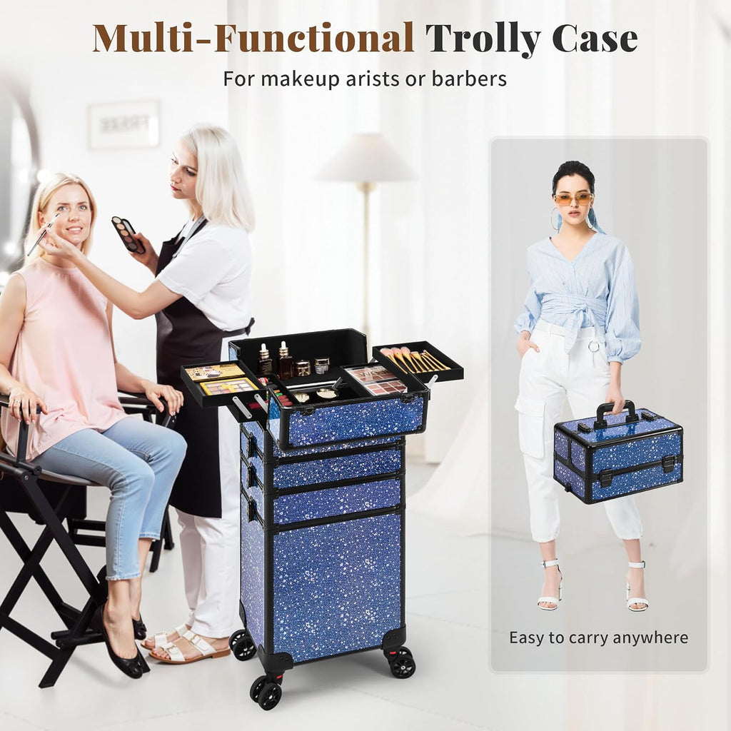 AROUS Rolling Makeup Train Case 5 in 1 Cosmetology Case on Wheels Large Cosmetic Organizer Travel Cart for Hairstylist Artist Nail Beauty Salon Barber,Blue