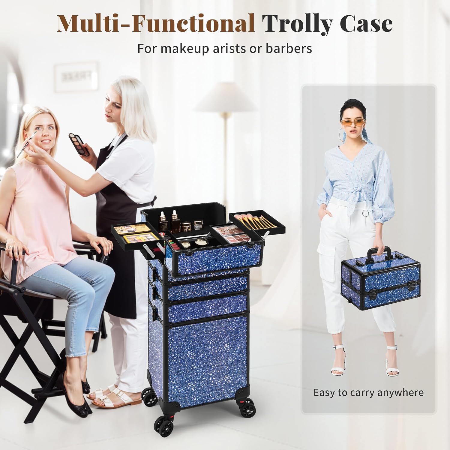 AROUS Rolling Makeup Train Case 5 in 1 Cosmetology Case on Wheels Large Cosmetic Organizer Travel Cart for Hairstylist Artist Nail Beauty Salon Barber,Blue