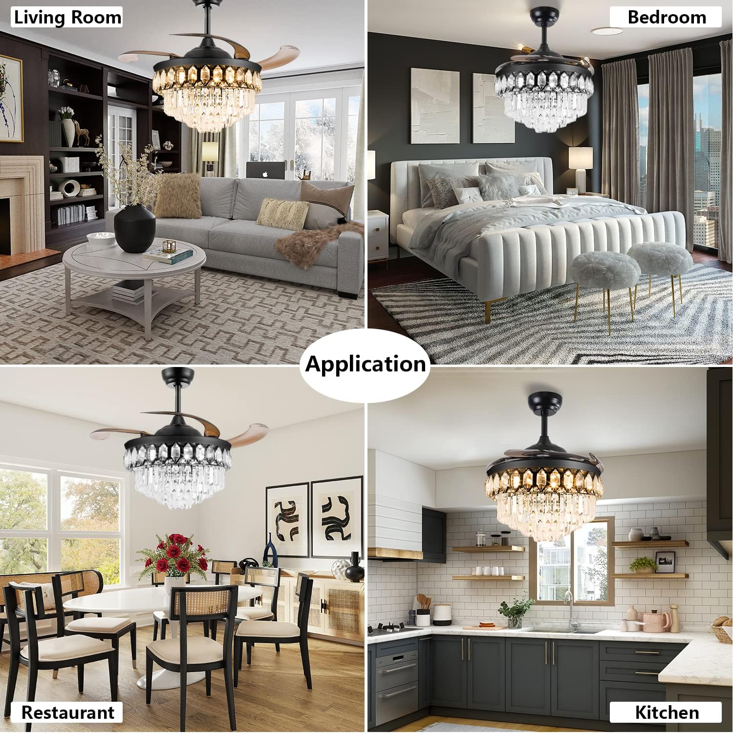RuiWing 42' Crystal Ceiling Fans with Lights Retractable Blades LED Chandelier Remote Control 3 Different Lighting Mode Dimmable Fandelier for Bedroom Living Room