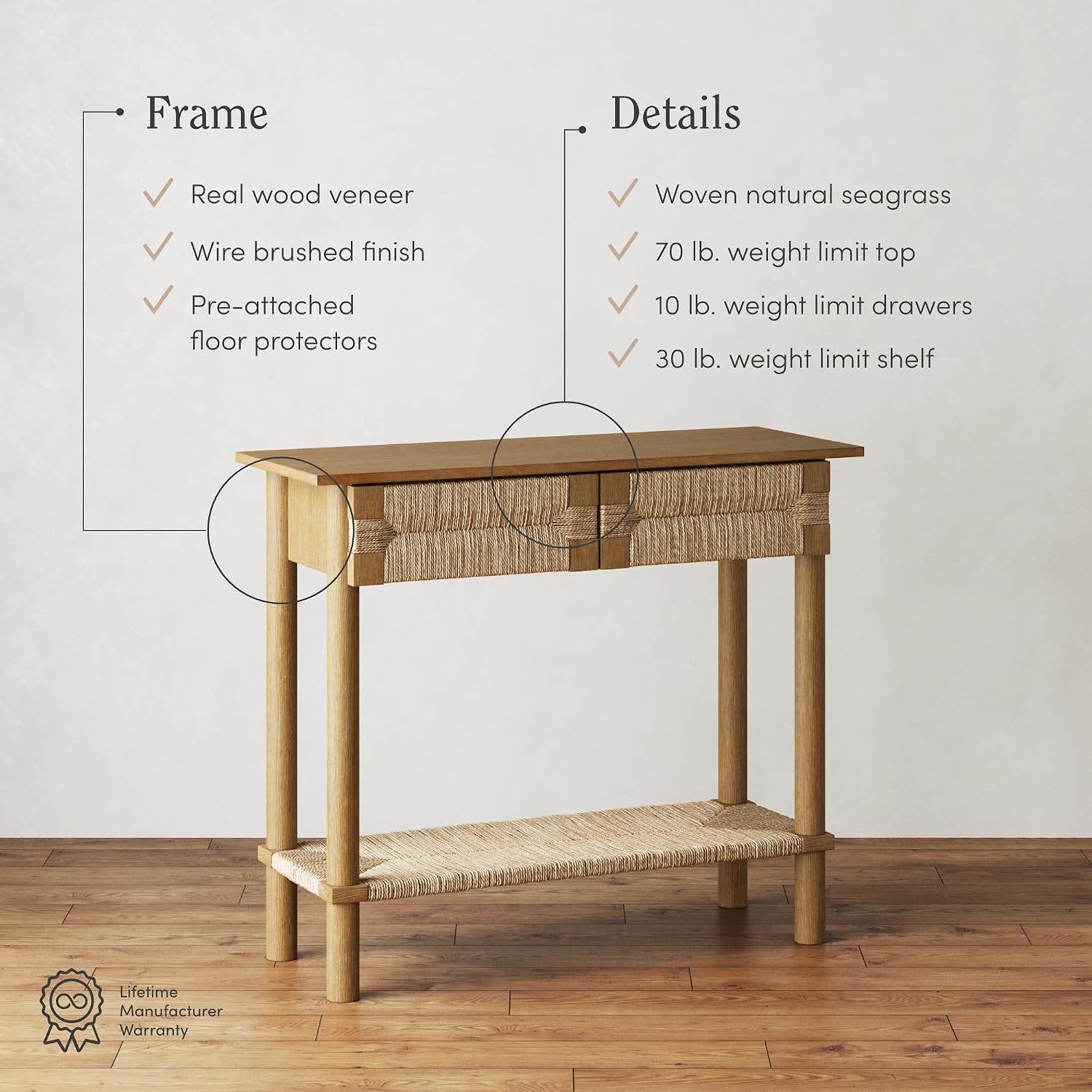 Nathan James Beacon Wooden Sofa Console Table with Drawers, Bohemian Entryway Accent, Hallway Furniture with Seagrass Shelf, Light Brown, Set of 2