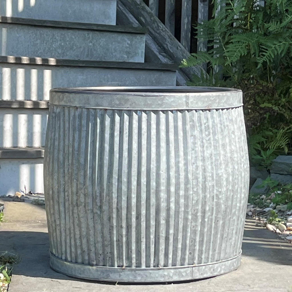 WHW Whole House Worlds French Country Style Belly Bucket Planters, Set of 3, Galvanized Metal, Corrugated Cache Pots, Rustic Wash Basin, from Over 1 Ft Diameter (17-12 Inches)