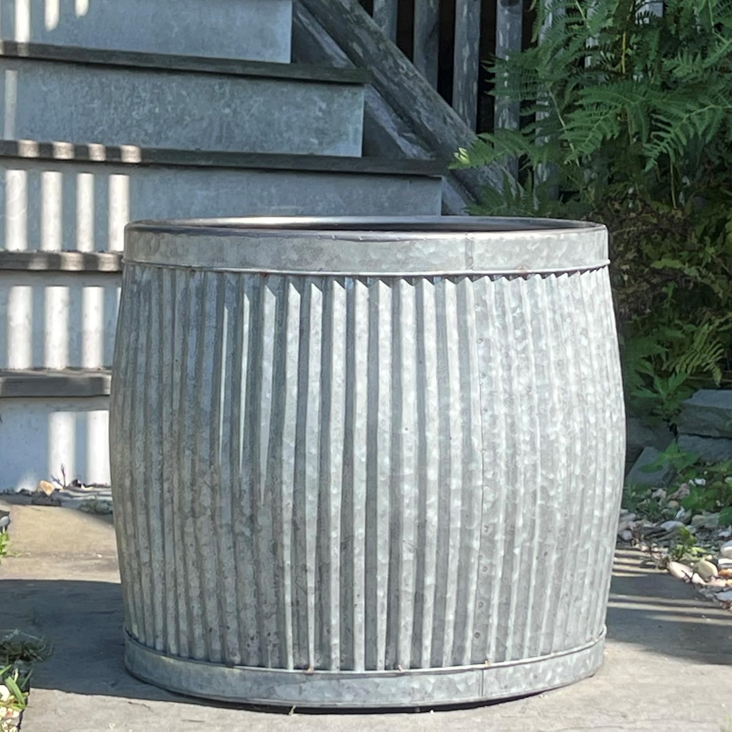 WHW Whole House Worlds French Country Style Belly Bucket Planters, Set of 3, Galvanized Metal, Corrugated Cache Pots, Rustic Wash Basin, from Over 1 Ft Diameter (17-12 Inches)