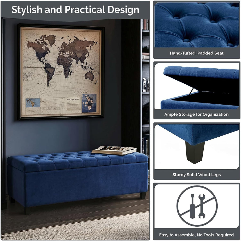 Madison Park 49' Upholstered Storage Bench, Button Tufted End of Bed Bench with Storage, Dual Spring Soft-Close Lid, Bedroom Bench for Queen King Bed, Entryway Living Room, Navy