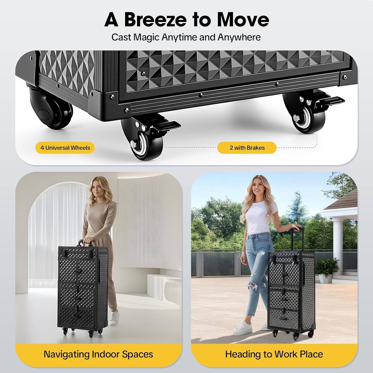Rolling Makeup Cosmetology Train Case with Key Swivel Wheels Large Cosmetic Organizer Train Case Makeup Travel Case with Password Locks Traveling Cart Trunk Black Traveling Cart Trunk Black