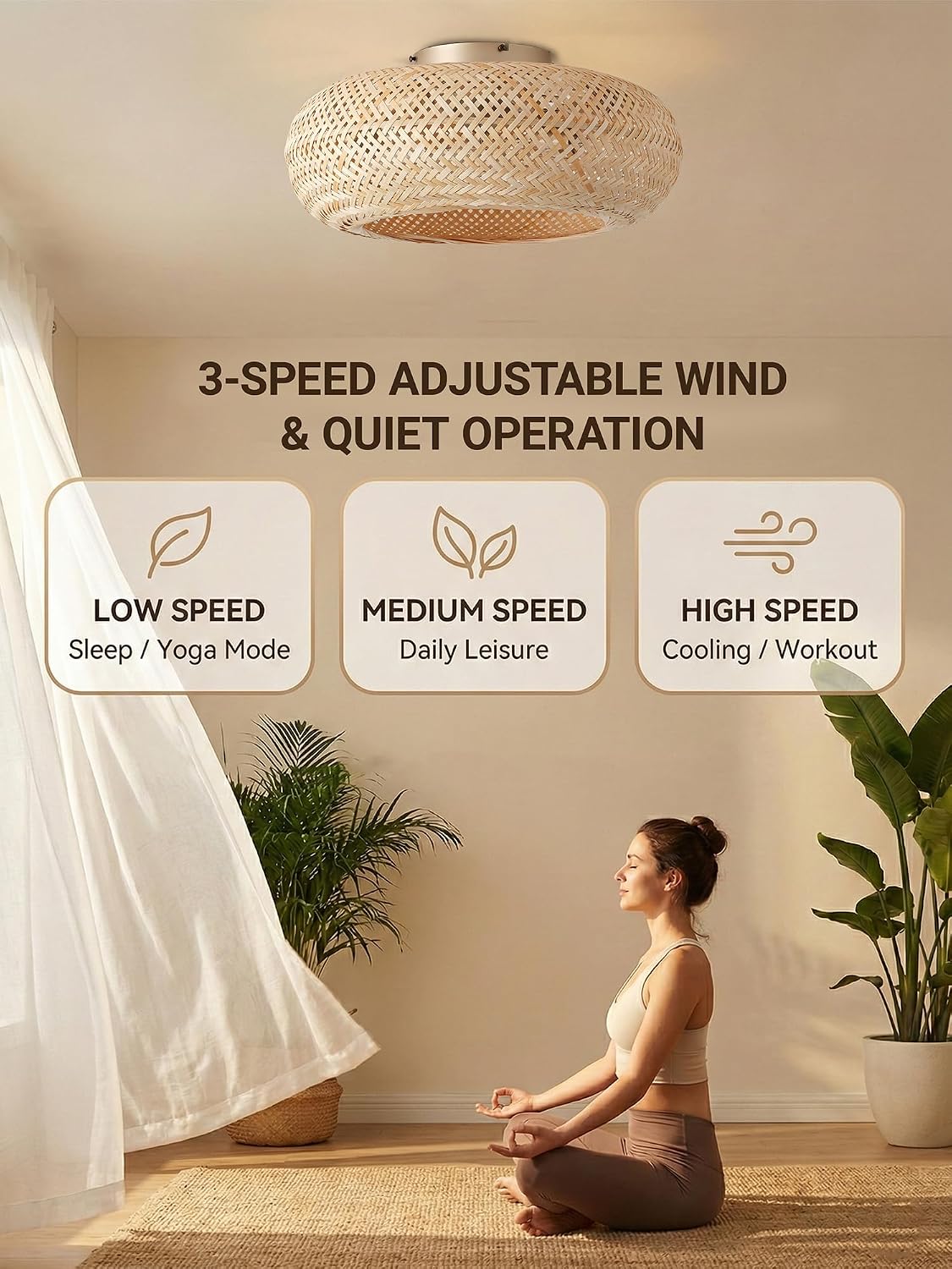 20in Boho Ceiling Fans with Lights,Rattan Caged Low Profile Ceiling Fan with Light,6 Speeds Timer Reversible DC Motor for Living Room Bedroom Dining Room