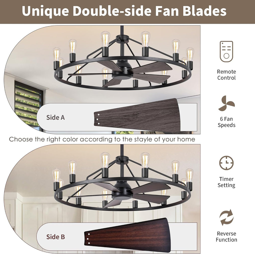 She's home 43' Black Wagon Wheel Chandelier Fan with Light, 12-Lights Large Round Candle Farmhouse Fandelier Ceiling Fan with Light Fixture for Living Room, Dining Room, Height Adjustable