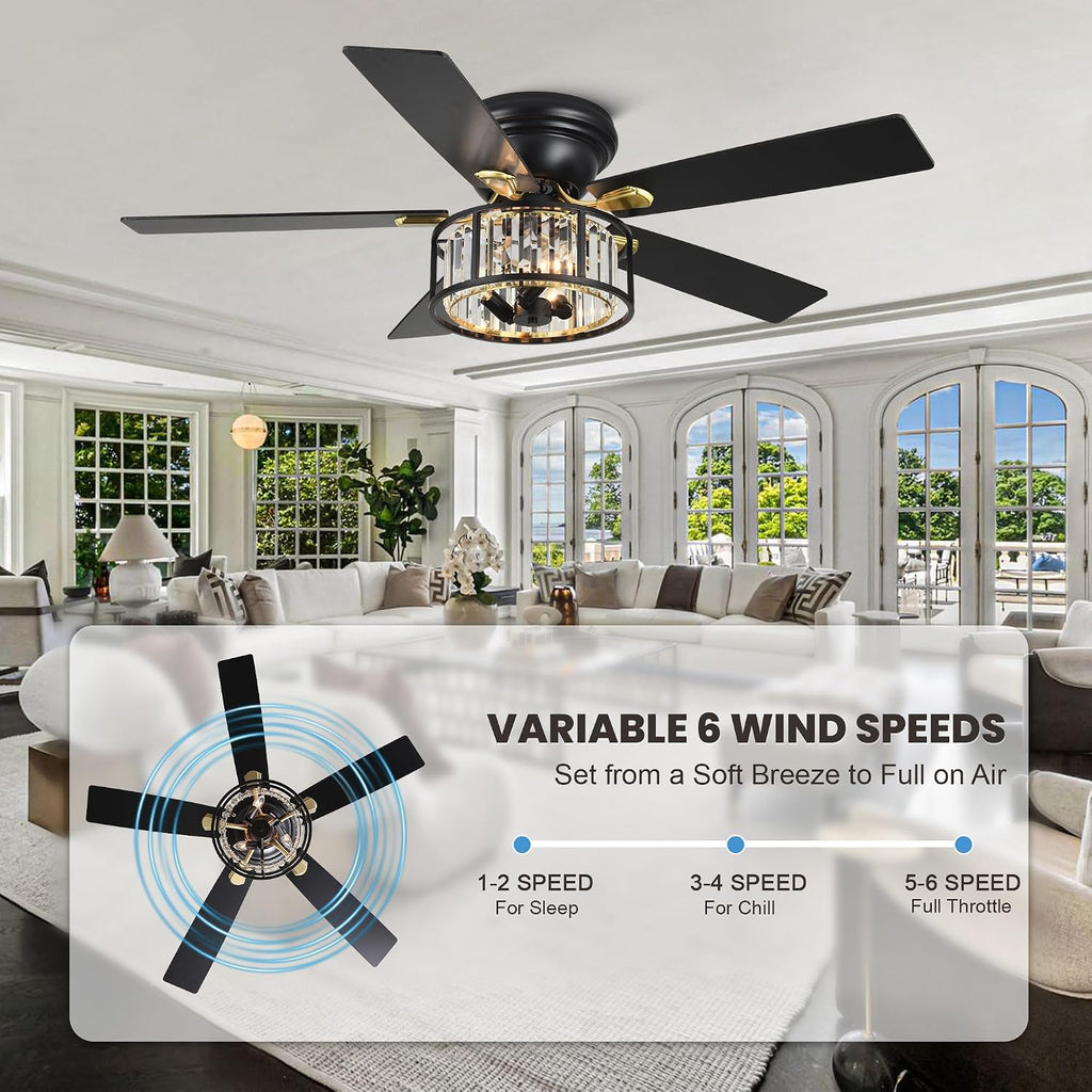Dawn Whisper 52' Modern Crystal Flush Mount Ceiling Fans with Lights Black | Crystal Chandelier, Low Profile Low Ceilings, Remote Control, Reversible, Noiseless, 6 Speeds, for Living Room Bedroom