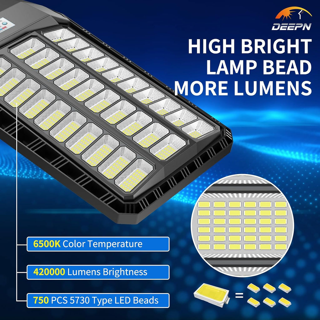 Deepn Solar Street Light, Commercial Grade Solar Lights Outdoor IP67 Waterproof, 9800W LED Flood Security Lights Motion Sensor & Dusk to Dawn Outdoor Lighting for Parking Lots, Streets & Yard, 2 Pack
