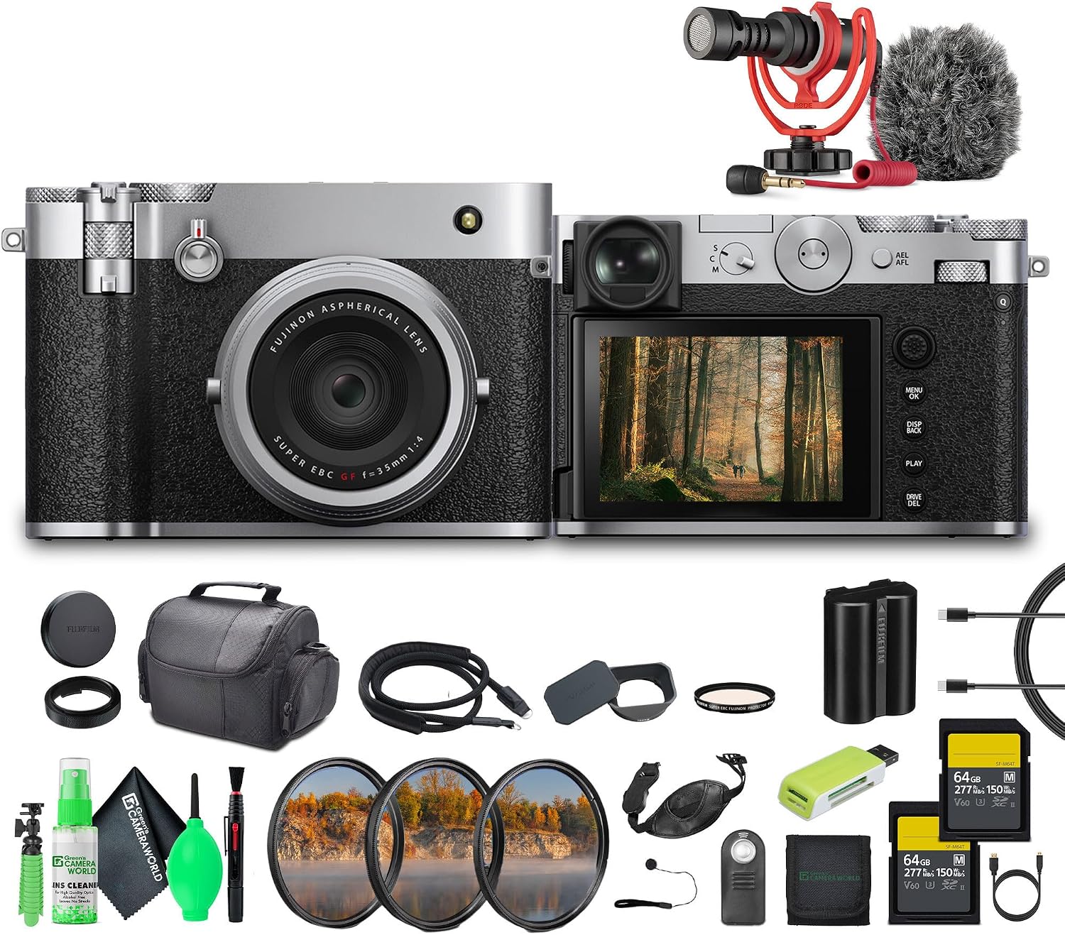 FUJIFILM GFX100RF Medium Format Mirrorless Digital Camera, 102MP BSI CMOS II Sensor Powerful Compact Rangefinder Style, 35mm F4 Lens + 2X 64GB Memory Card + More- Silver
