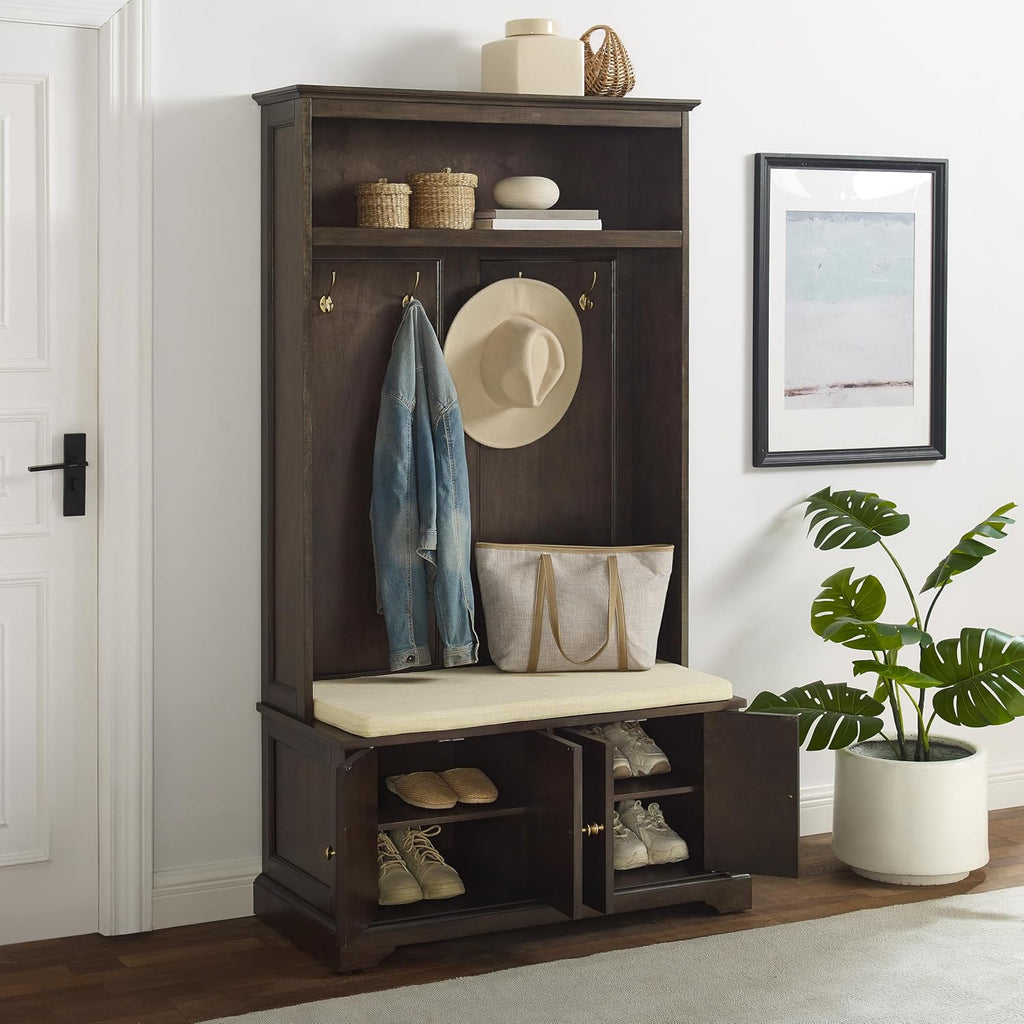 Crosley Furniture Holbrook Hall Tree with Shoe Rack Bench and Coat Hooks for Hanging Storage, Coffee