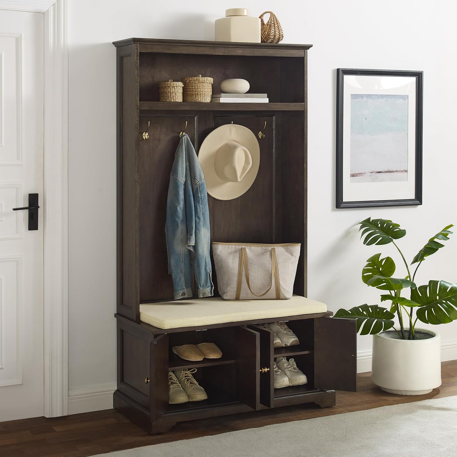 Crosley Furniture Holbrook Hall Tree with Shoe Rack Bench and Coat Hooks for Hanging Storage, Coffee