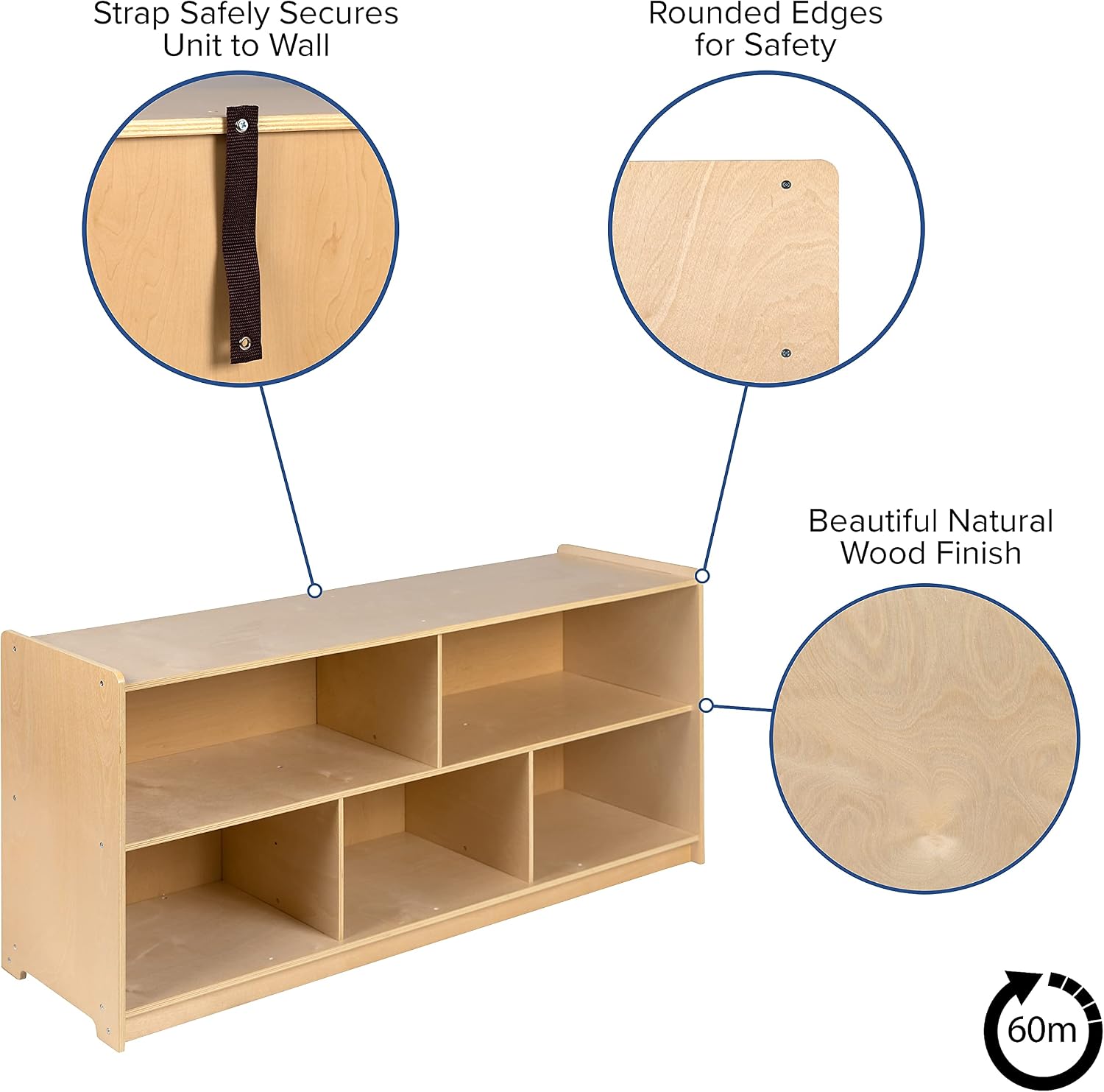 Flash Furniture Hercules Wooden 5 Section School Classroom Storage Cabinet for Commercial or Home Use - Safe, Kid Friendly Design - 24'H x 48'L (Natural)