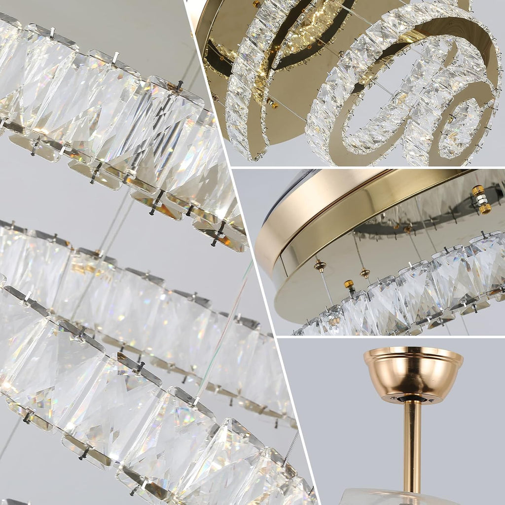 FRIXCHUR Gold 42' Crystal Ceiling Fans with Lights and Remote Chandelier Fans Dimmable Crystal Fandeliers 3-Blade Retractable Led Ceiling Fans 6 Speed 3 Color Change for Bedroom Living Room 30W*2…