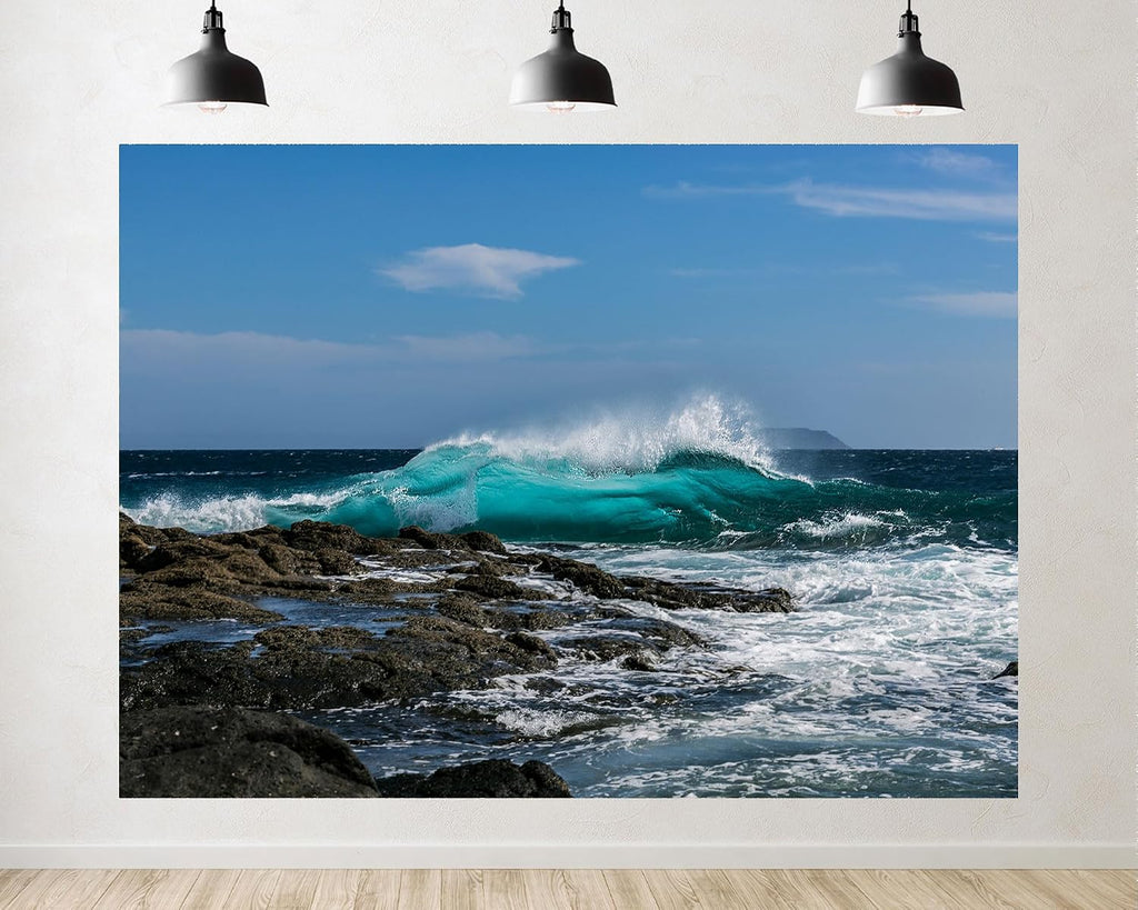 Trykid 20x10ft Turquoise Wave Backdrop Crashing Ocean Foam Dark Rocks Clear Blue Sky Photography Background Nature Tapestry Party Decoration Photo Booth Prop Fabric