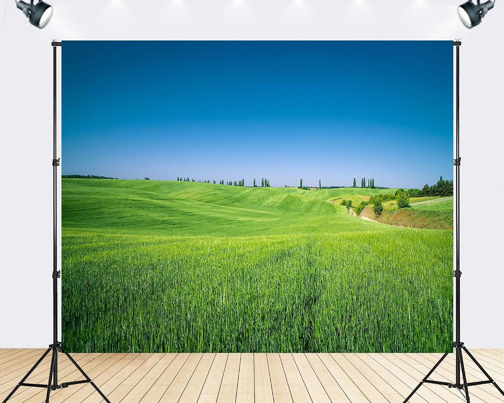 Trykid 20x10ft Endless Green Fields Backdrop Rolling Hills Distant Cypress Trees Clear Blue Sky Photography Background Country Party Decoration Photo Booth Prop Fabric