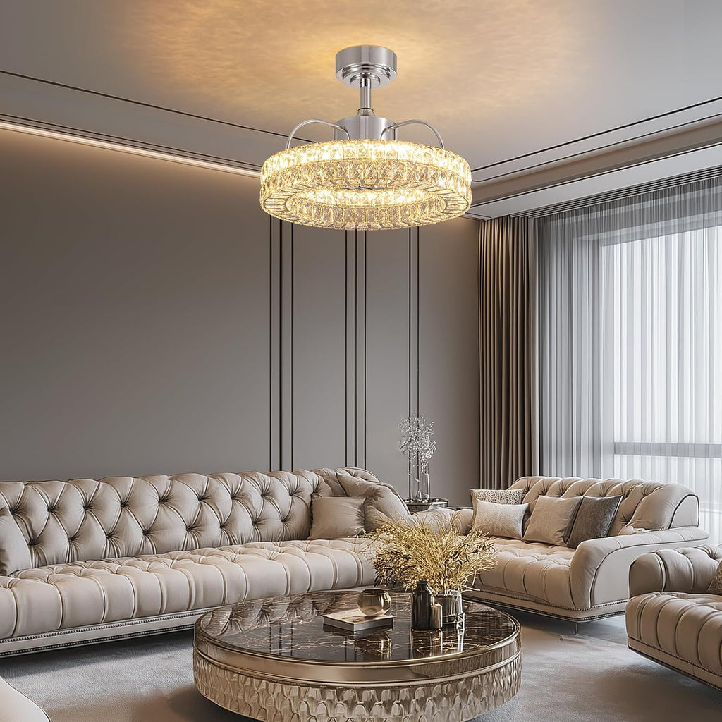 LUDOMIDE Crystal Ceiling Fans with Lights, 21' Fandelier Ceiling Fan with Light and Remote 6-Speed Wind, Dimmable LED, Chandelier Ceiling Fan for Bedroom Dining Room Living Room